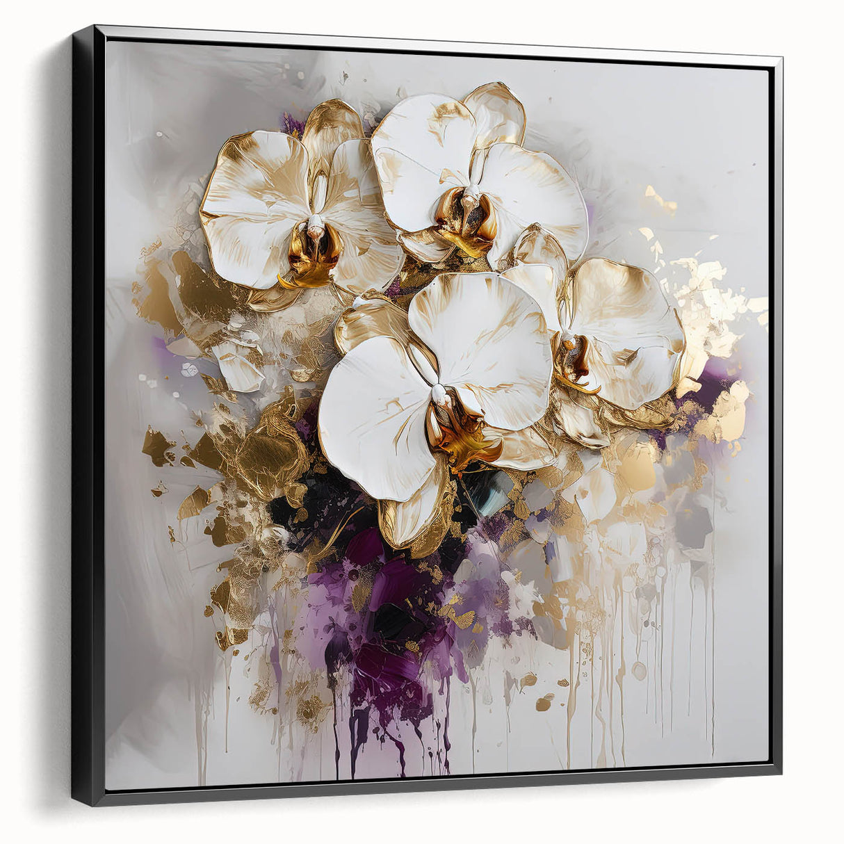 Framed canvas artwork showcasing an abstract floral design with vibrant colors and intricate patterns, displayed from the black side view for artistic emphasis. Ideal for modern home decor.