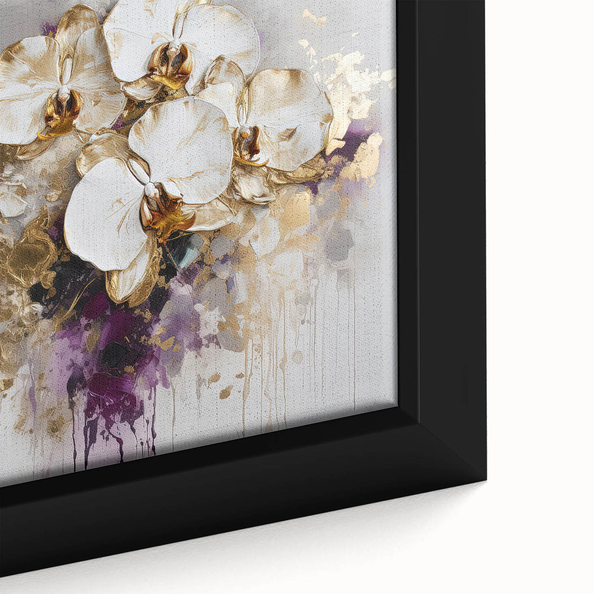 Close-up of a framed abstract floral canvas artwork showcasing vibrant colors and intricate details, ideal for modern home decor or office spaces.