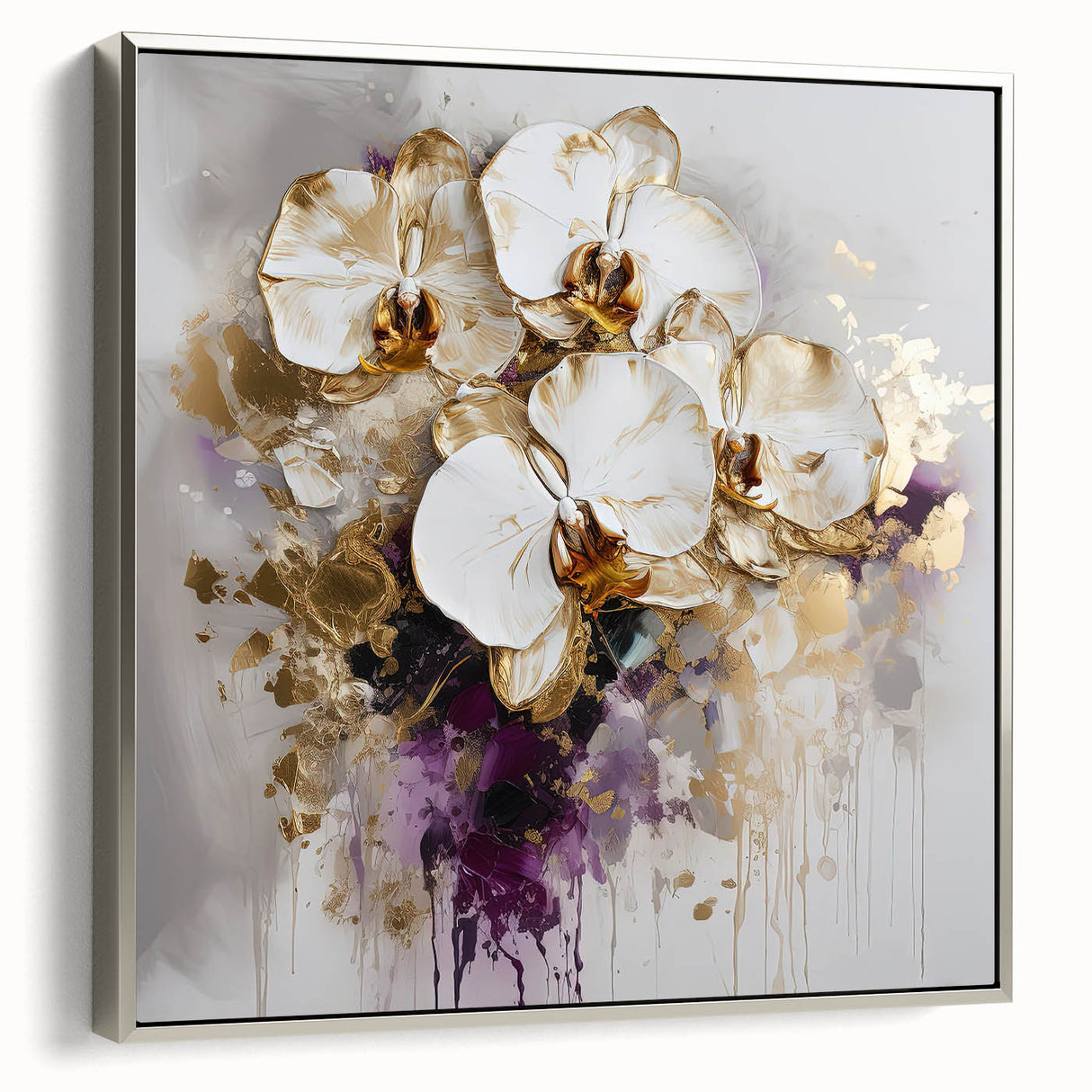 Framed canvas art showcasing an elegant abstract floral design in vibrant colors, highlighted by a sleek silver frame, perfect for modern home decor.