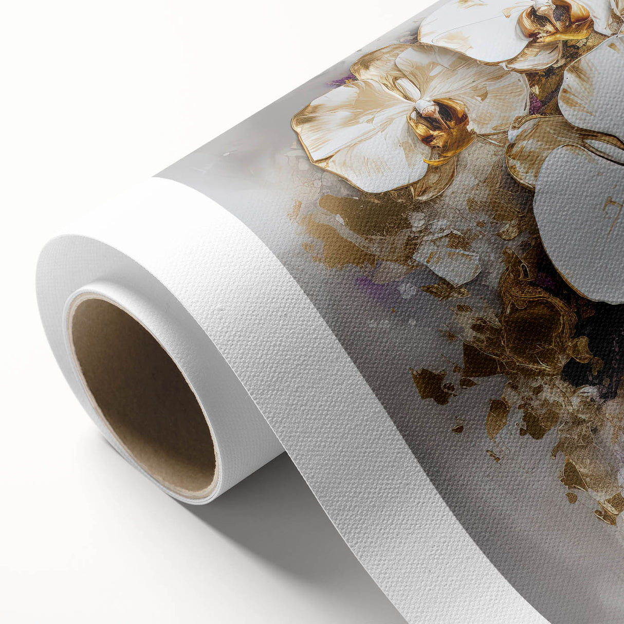 Abstract floral design on rolled canvas showcasing vibrant colors and intricate patterns, ideal for modern home decor, presented in a protective cardboard tube.