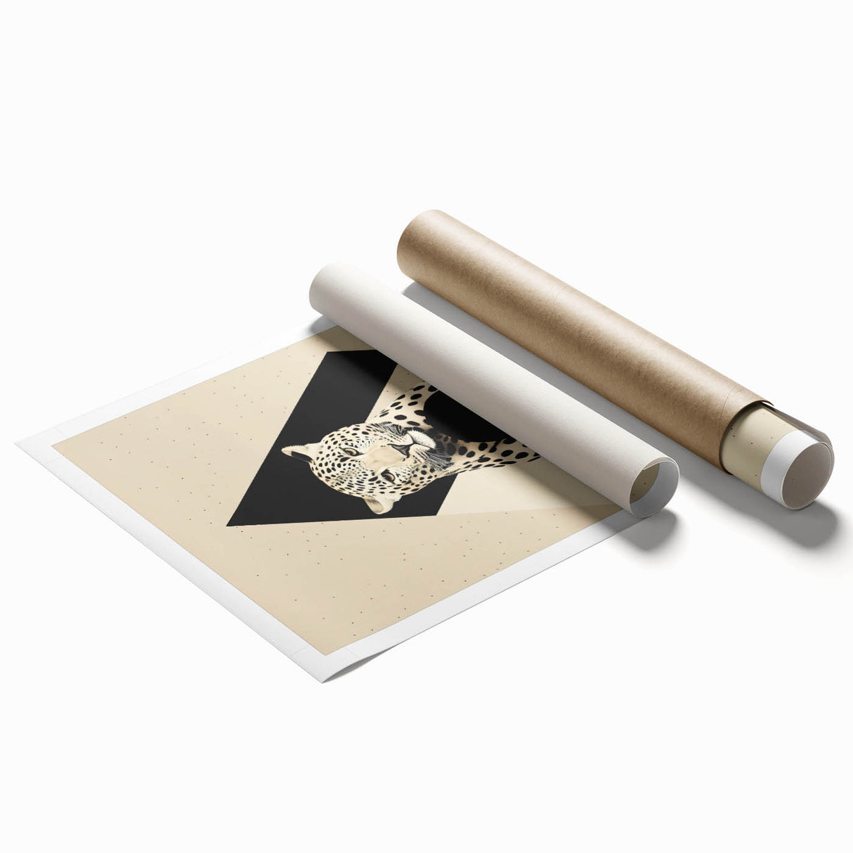 Abstract minimalist wall art print showcasing soft pastel colors and geometric shapes, rolled and packaged in a protective cardboard tube for easy display.