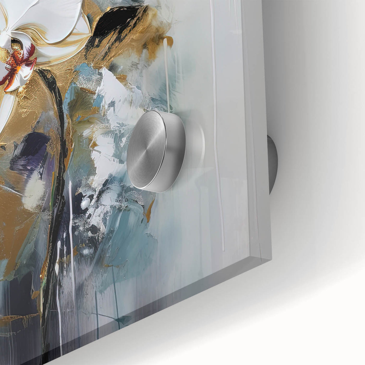 Close-up of a vibrant abstract floral design on acrylic glass, featuring rich colors and intricate patterns, perfect for modern home decor and artistic spaces.