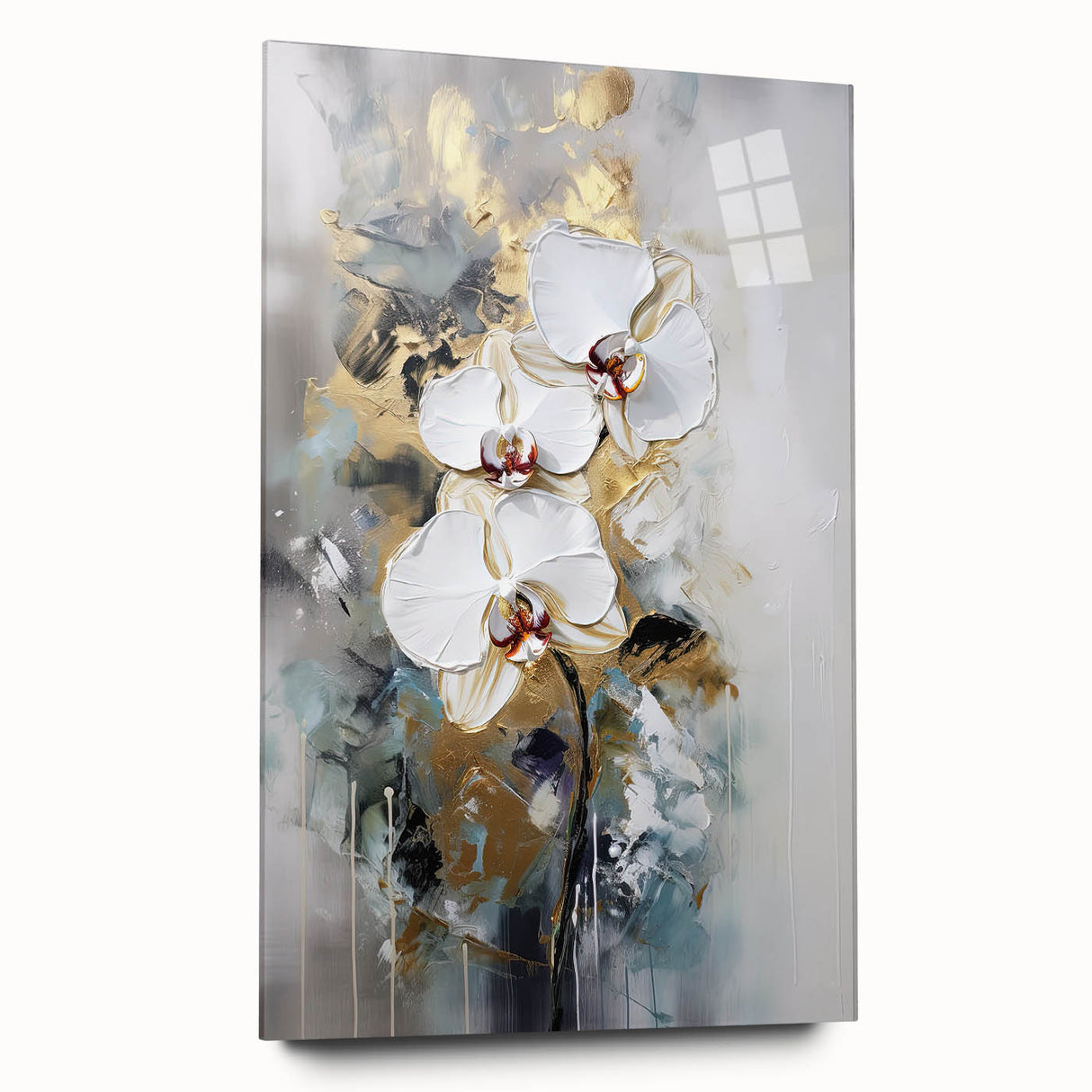 Abstract floral acrylic artwork displayed from a side view, featuring vibrant colors of blue, pink, and green on a sleek glass surface, ideal for modern home decor.