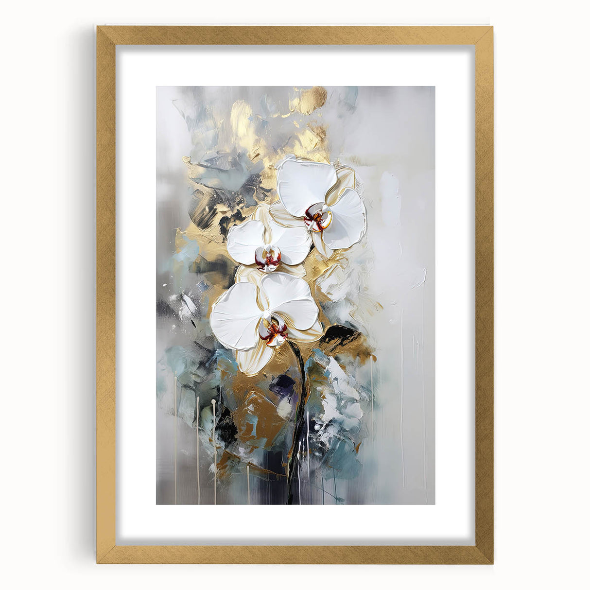 Abstract floral art print framed in a gold mat, showcasing vibrant colors and intricate designs, perfect for enhancing modern home decor or office spaces.
