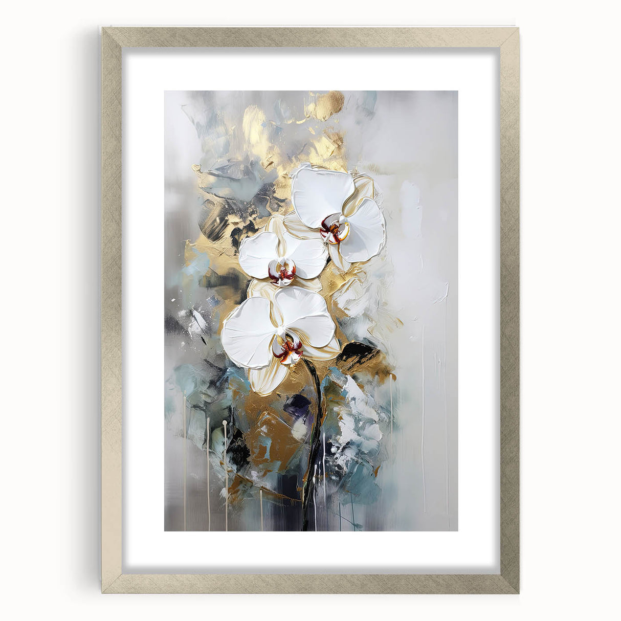 Abstract floral frame in silver with a mat, showcasing vibrant colors and intricate designs. Perfect for enhancing modern decor in homes or offices.