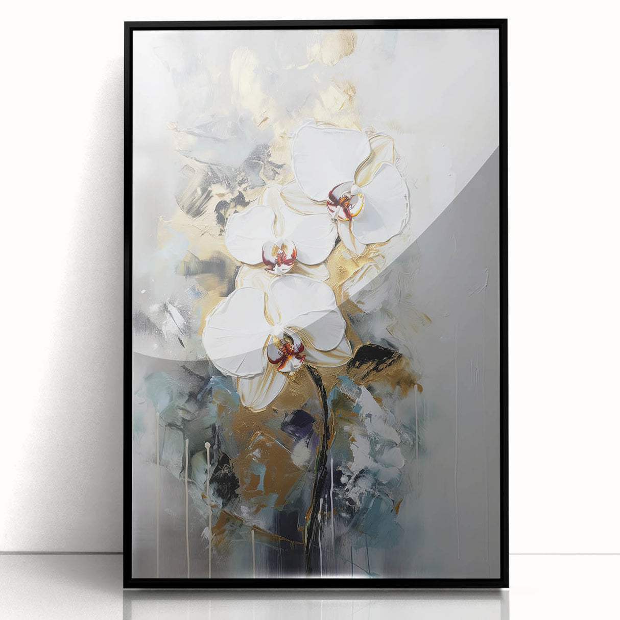 Framed abstract floral artwork featuring vibrant colors and intricate details, set against a sleek black frame, perfect for modern home decor and interior design.
