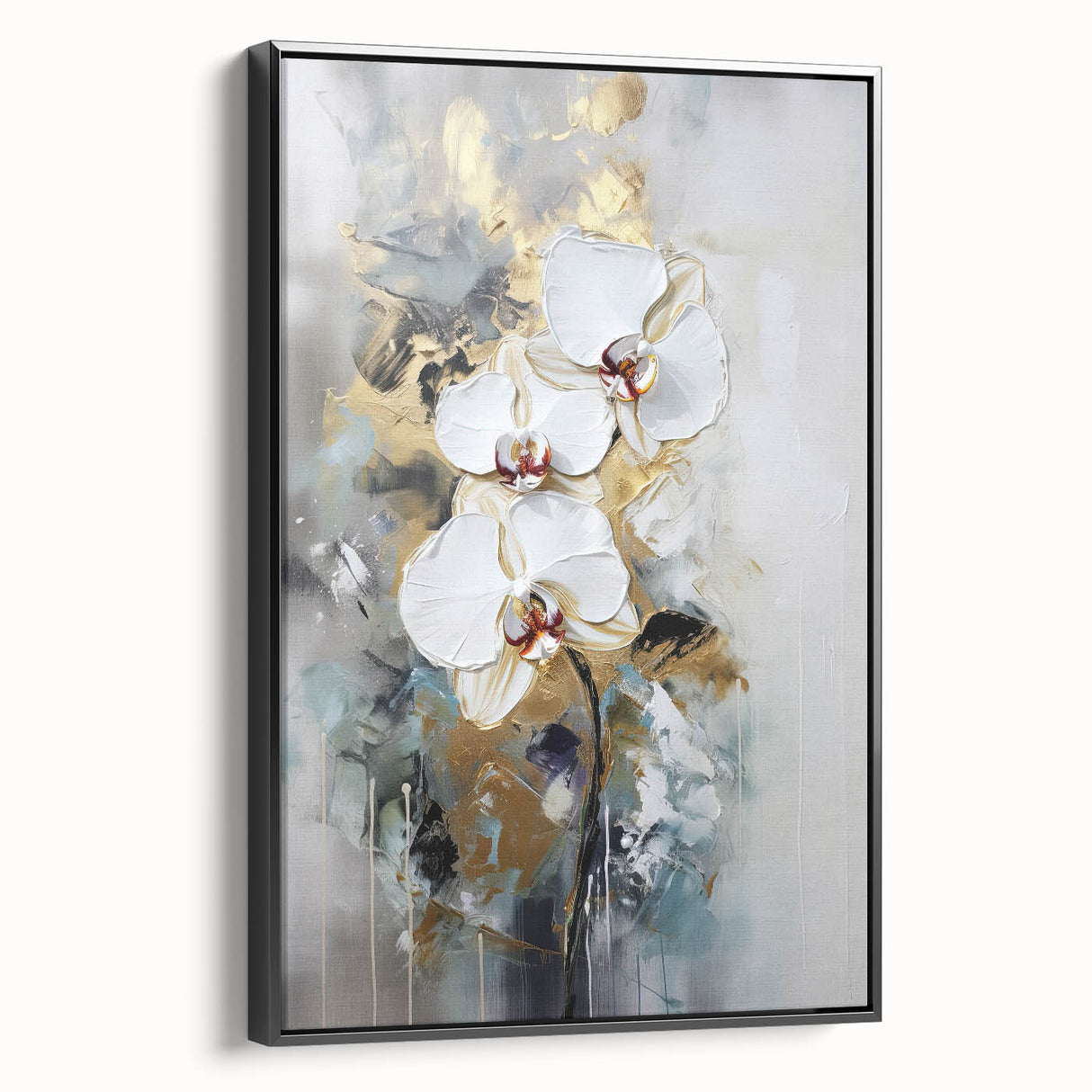 Framed abstract floral canvas art in black, showcasing vibrant colors and intricate designs, ideal for modern home decor. Side view highlights its sleek profile and elegant presentation, perfect for enhancing any living space.