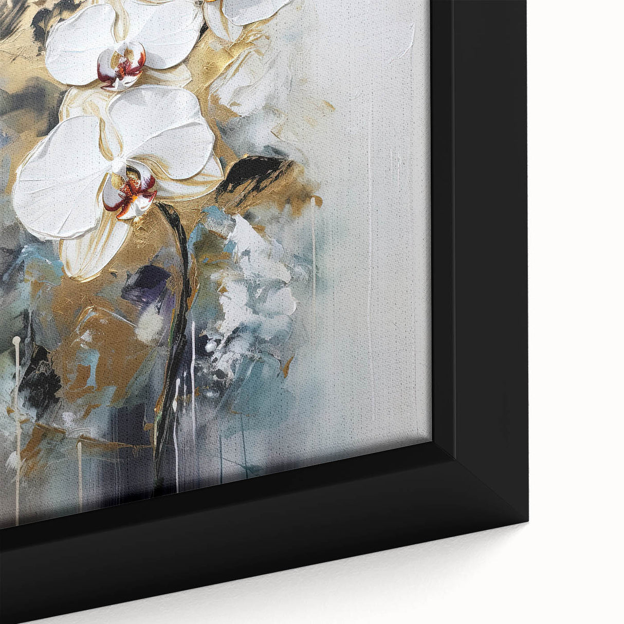 Close-up of a framed abstract floral canvas showcasing vibrant colors and intricate details, perfect for modern home decor. Ideal for adding elegance to any room.