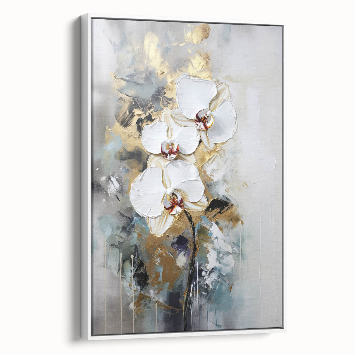 Framed canvas artwork showcasing abstract floral designs in vibrant colors, set against a white background, emphasizing modern home decor aesthetics.