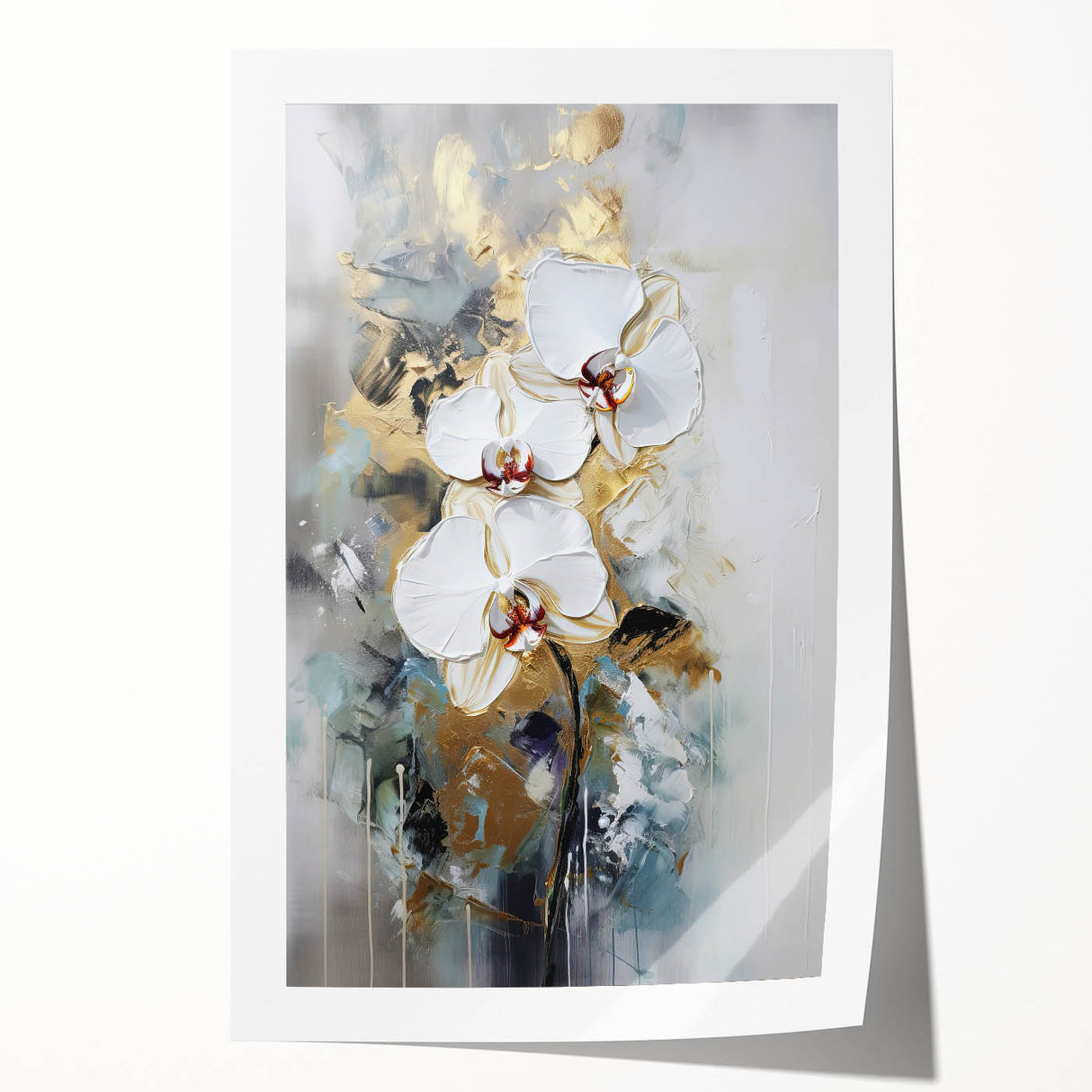 Abstract floral design rolled print featuring vibrant colors like pink, blue, and green, showcasing intricate patterns on high-quality paper, ideal for home decor.