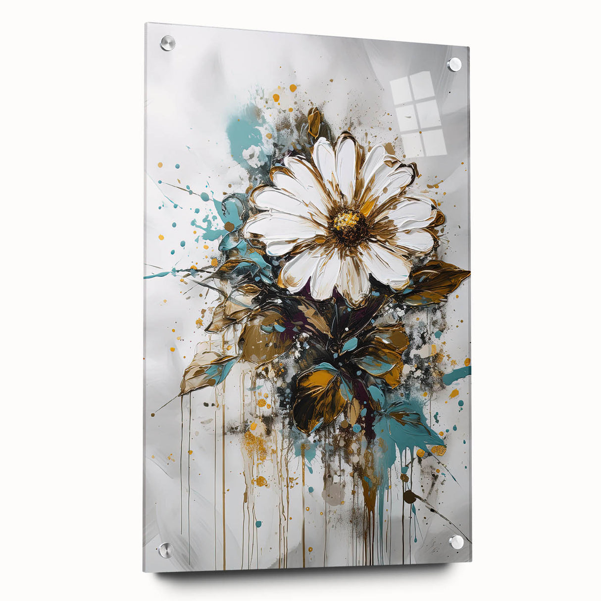 Abstract floral design on acrylic glass featuring vibrant colors and intricate patterns, displayed from a side view with protective pins for stability.