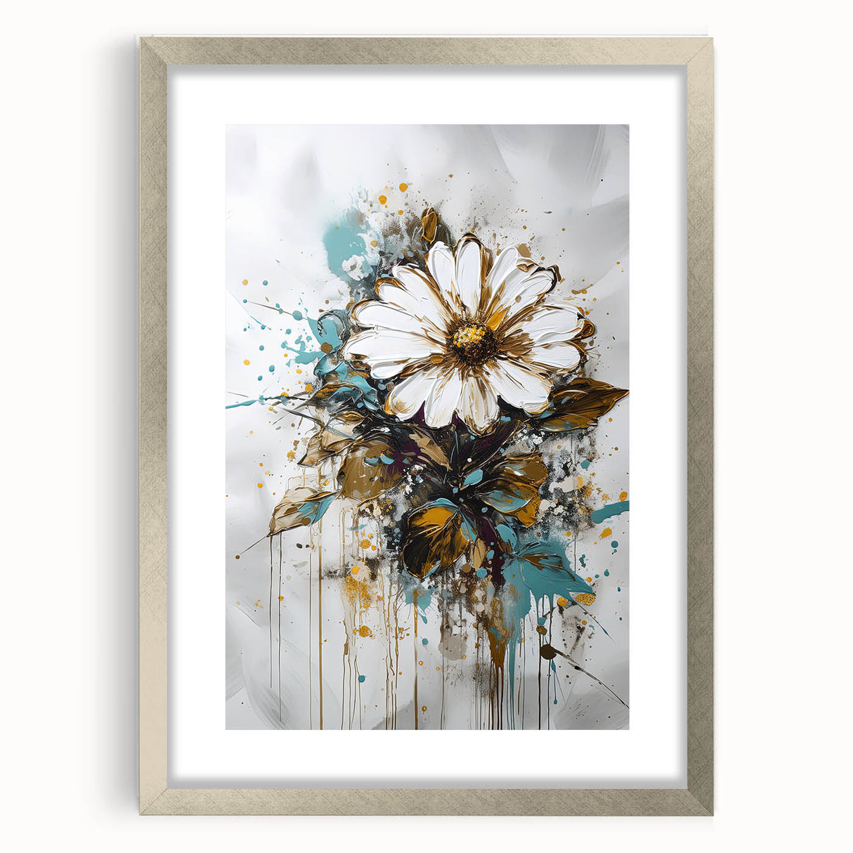 Abstract floral artwork framed with a silver mat, showcasing vibrant colors and intricate designs, perfect for modern home decor and interior aesthetics.