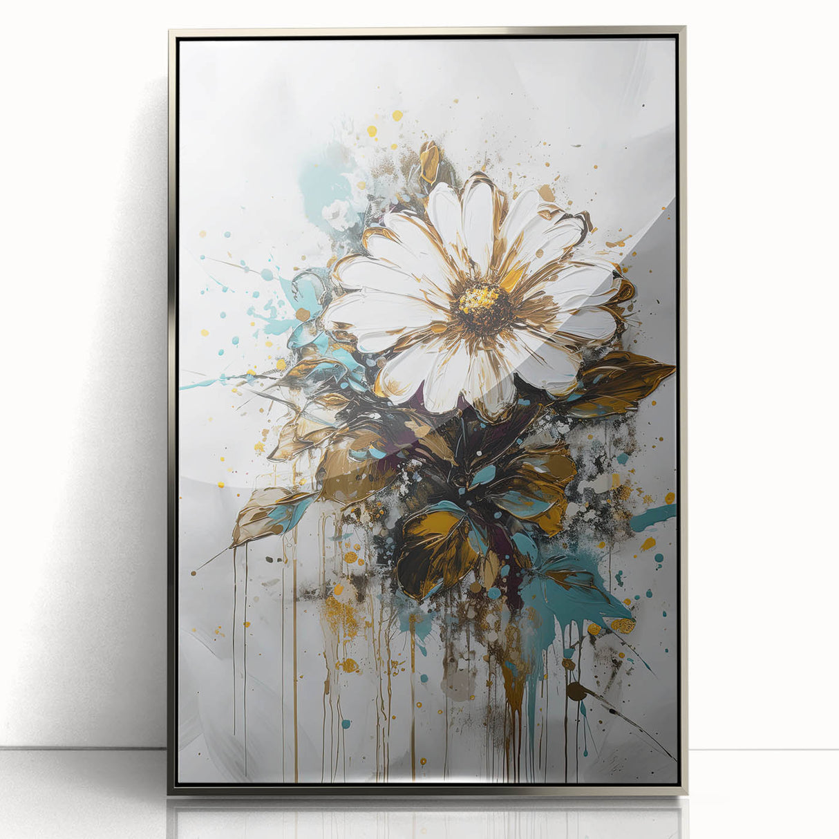 Framed acrylic artwork showcasing abstract floral designs in vibrant colors, set in a sleek silver frame, perfect for modern home decor. Ideal for adding a touch of elegance and creativity to any room.