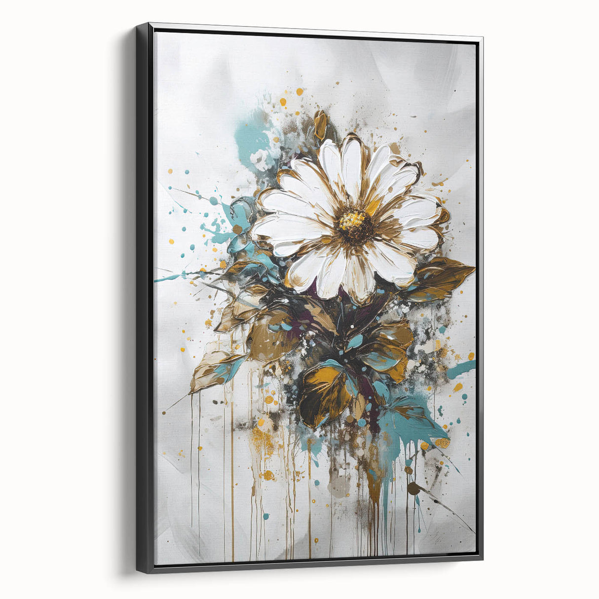 Framed canvas artwork showcasing an abstract floral design with vibrant colors on a black background. The piece features a modern aesthetic, perfect for contemporary home decor.