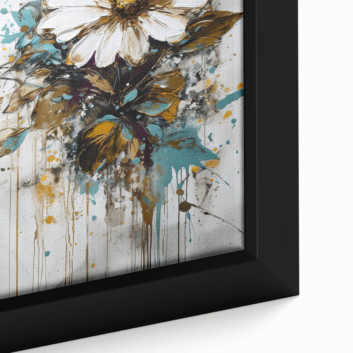 Close-up of a framed abstract floral canvas, showcasing vibrant colors like blue, pink, and green. The detailed brushstrokes create a dynamic and lively texture, enhancing modern decor. Ideal for brightening up living spaces or offices.