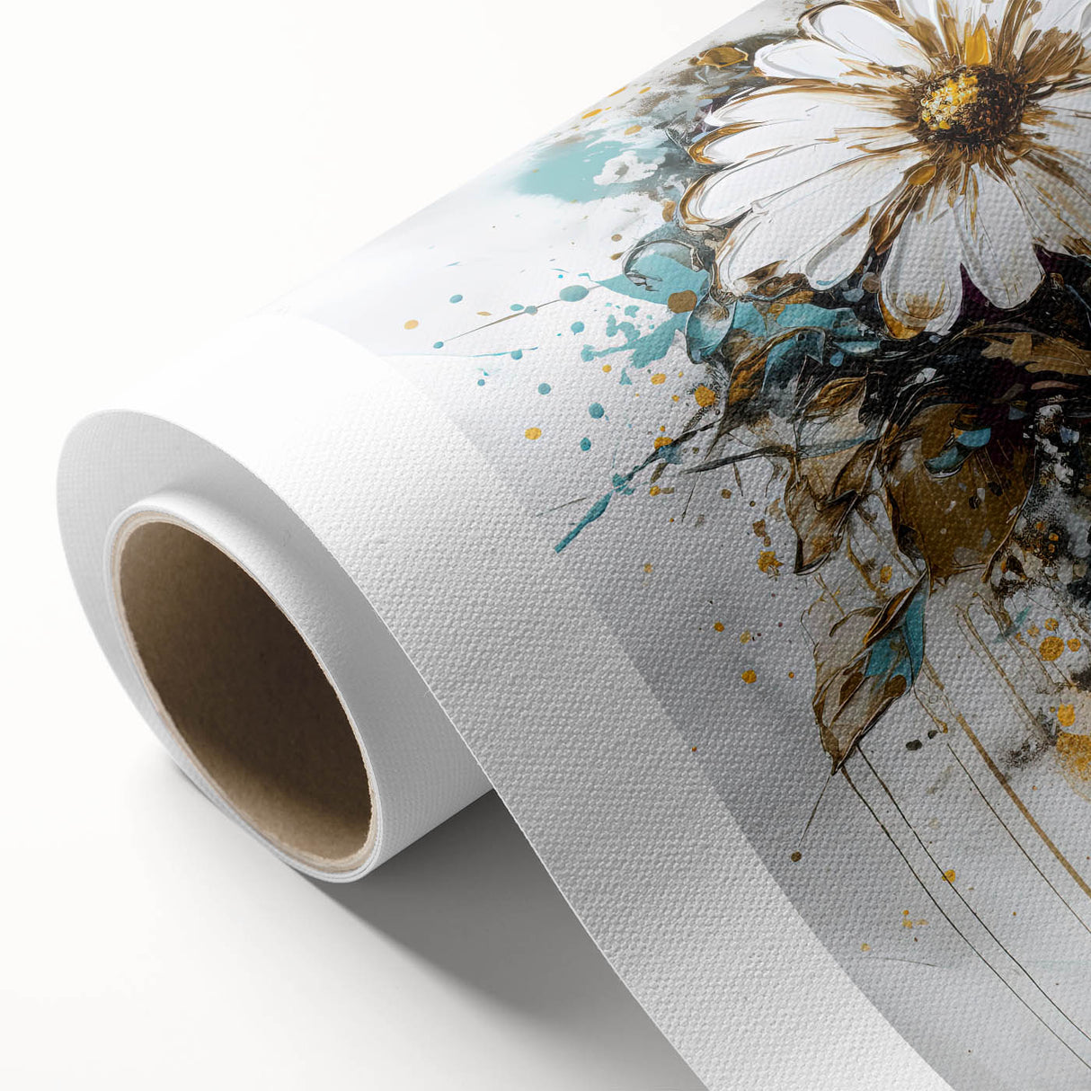 Vibrant rolled canvas showcasing an abstract floral design in hues of blue, pink, and green, ideal for modern home decor or art enthusiasts, securely packaged for delivery.