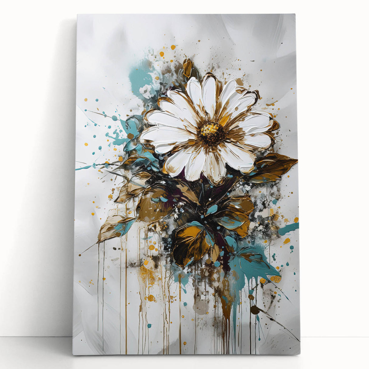 Vibrant abstract floral stretched canvas artwork featuring bold colors of pink, blue, and green, creating a modern art piece ideal for contemporary home decor.