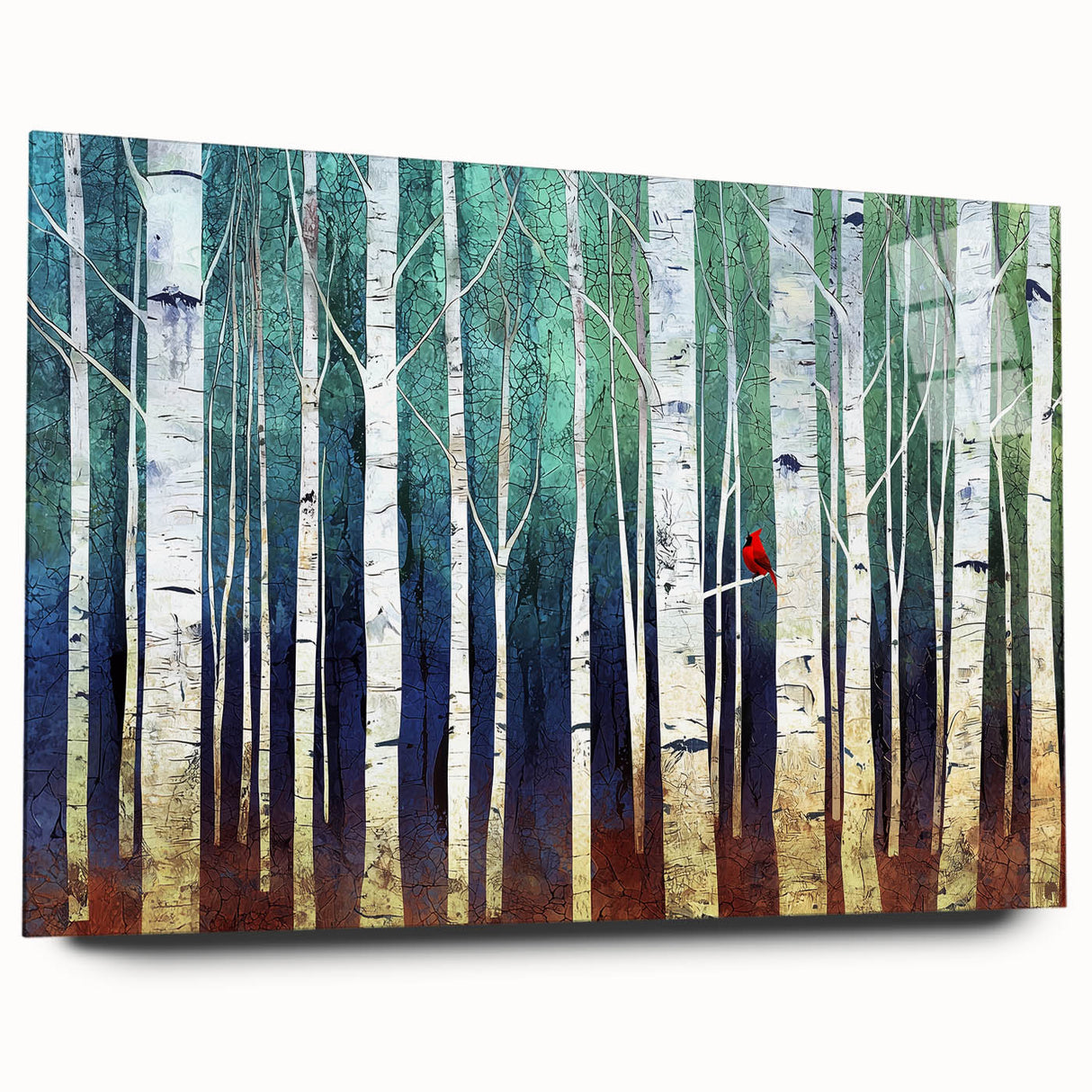 Abstract landscape acrylic glass artwork showcasing vibrant colors and intricate patterns, side view without pins, perfect for modern home decor.