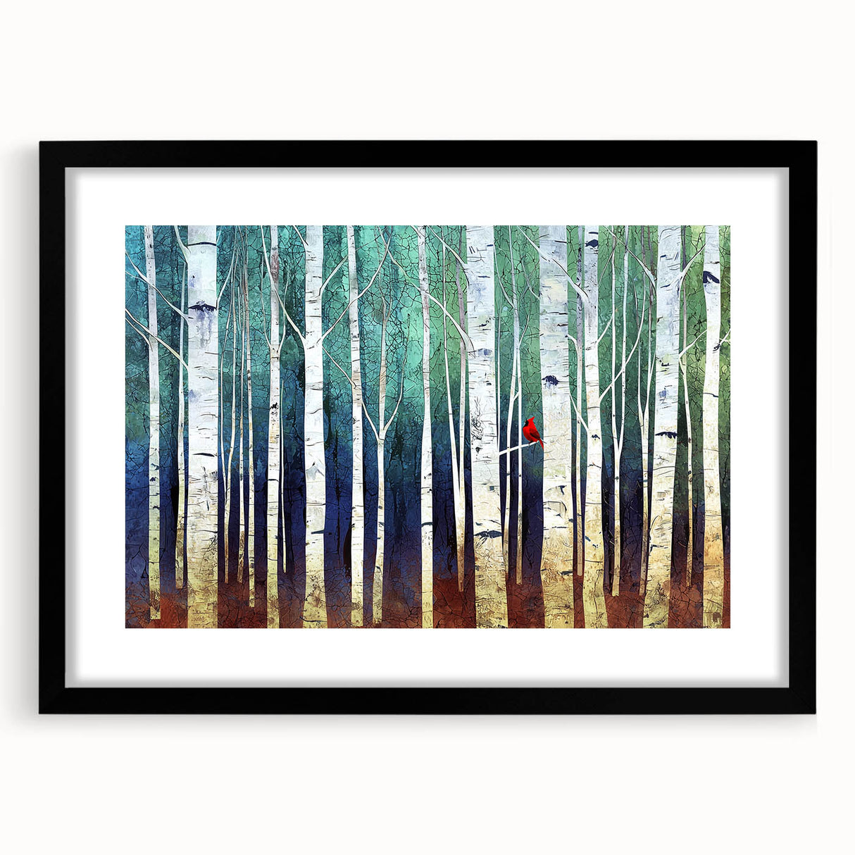 Abstract landscape art print framed in a sleek black frame, showcasing vibrant colors and intricate details, perfect for modern home decor and aesthetic enhancement.