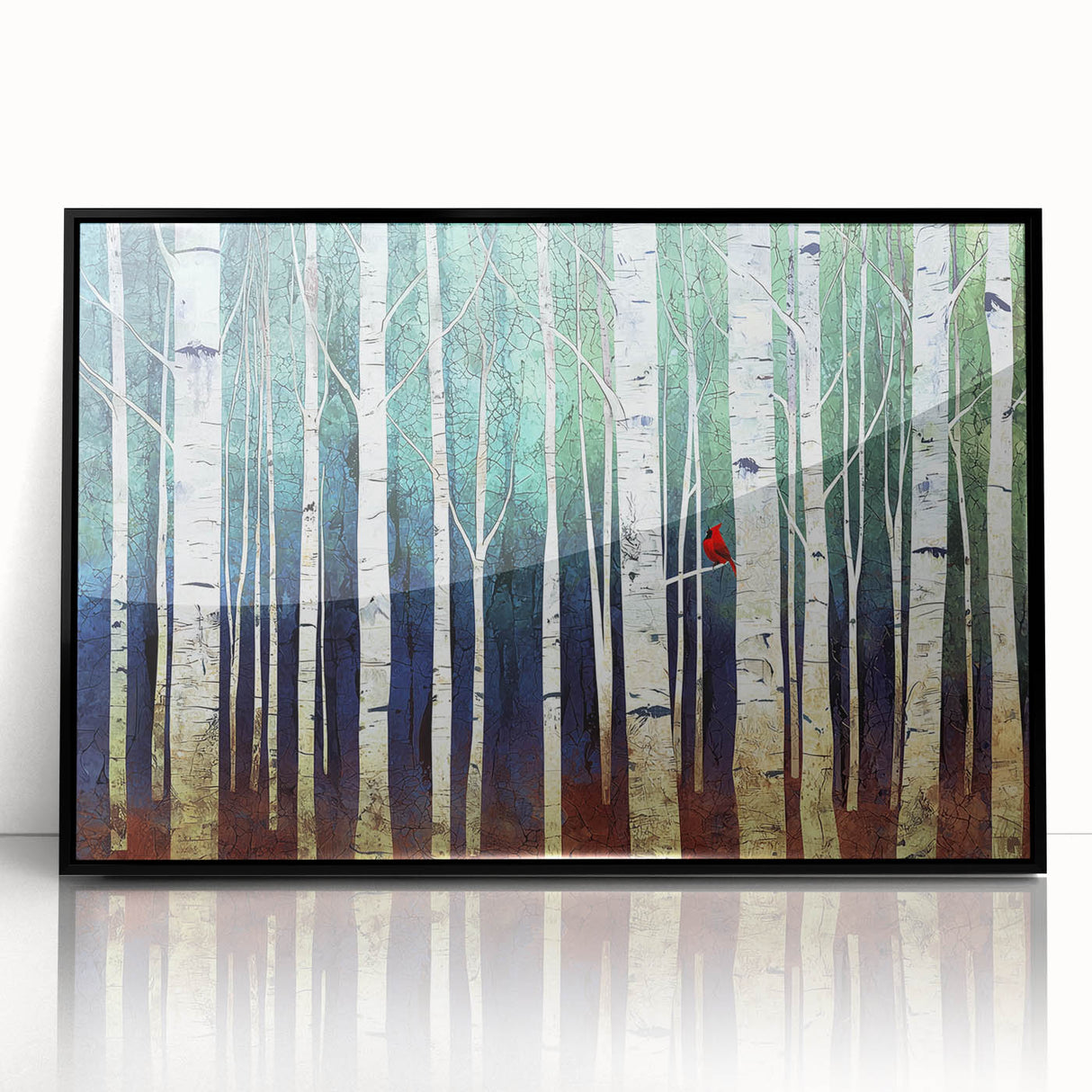 Abstract landscape artwork framed in black acrylic, showcasing vibrant colors and dynamic shapes, perfect for modern home decor. Ideal for enhancing interior aesthetics.