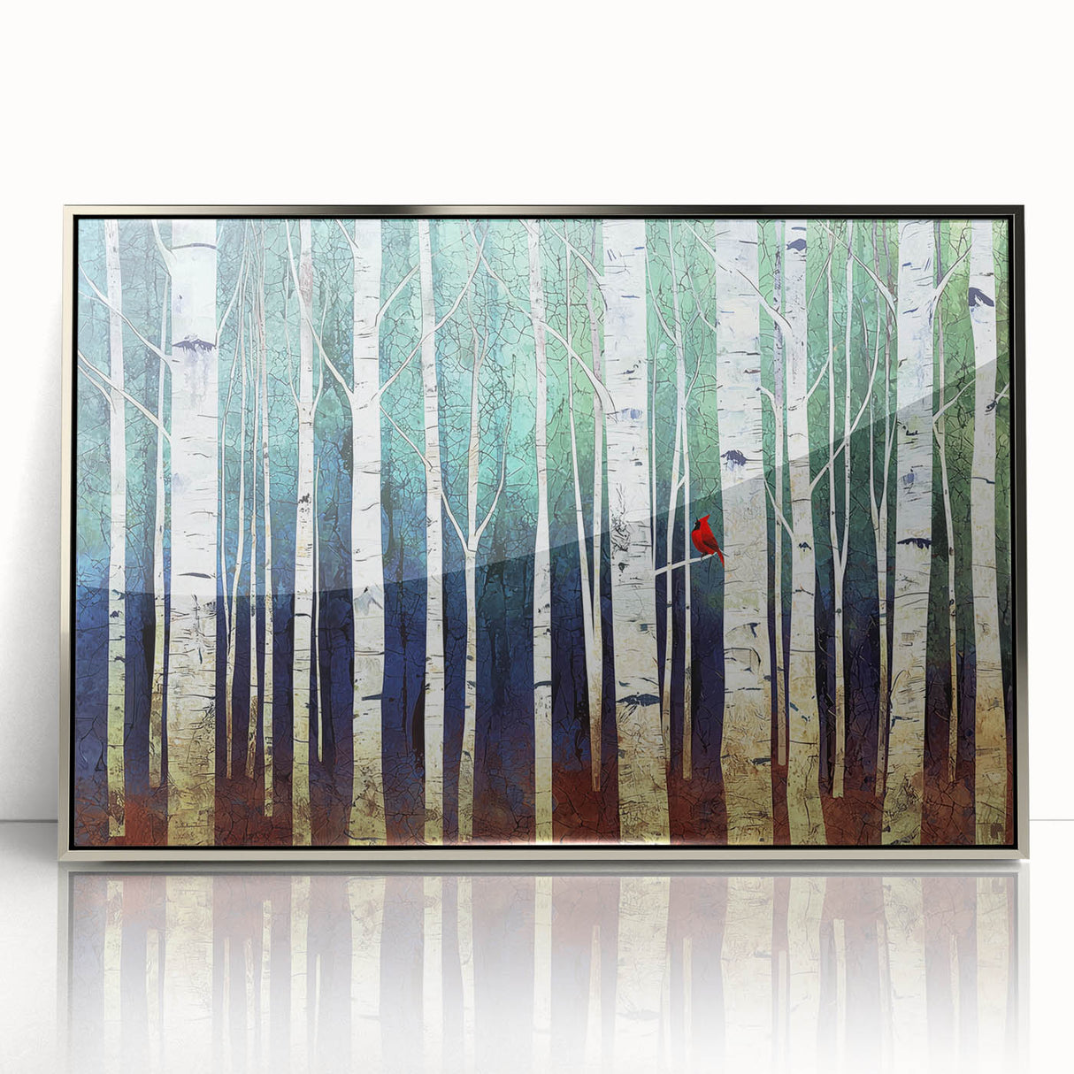 Framed abstract landscape artwork with silver accents, showcasing a modern design that combines vibrant colors and fluid shapes, perfect for contemporary decor.