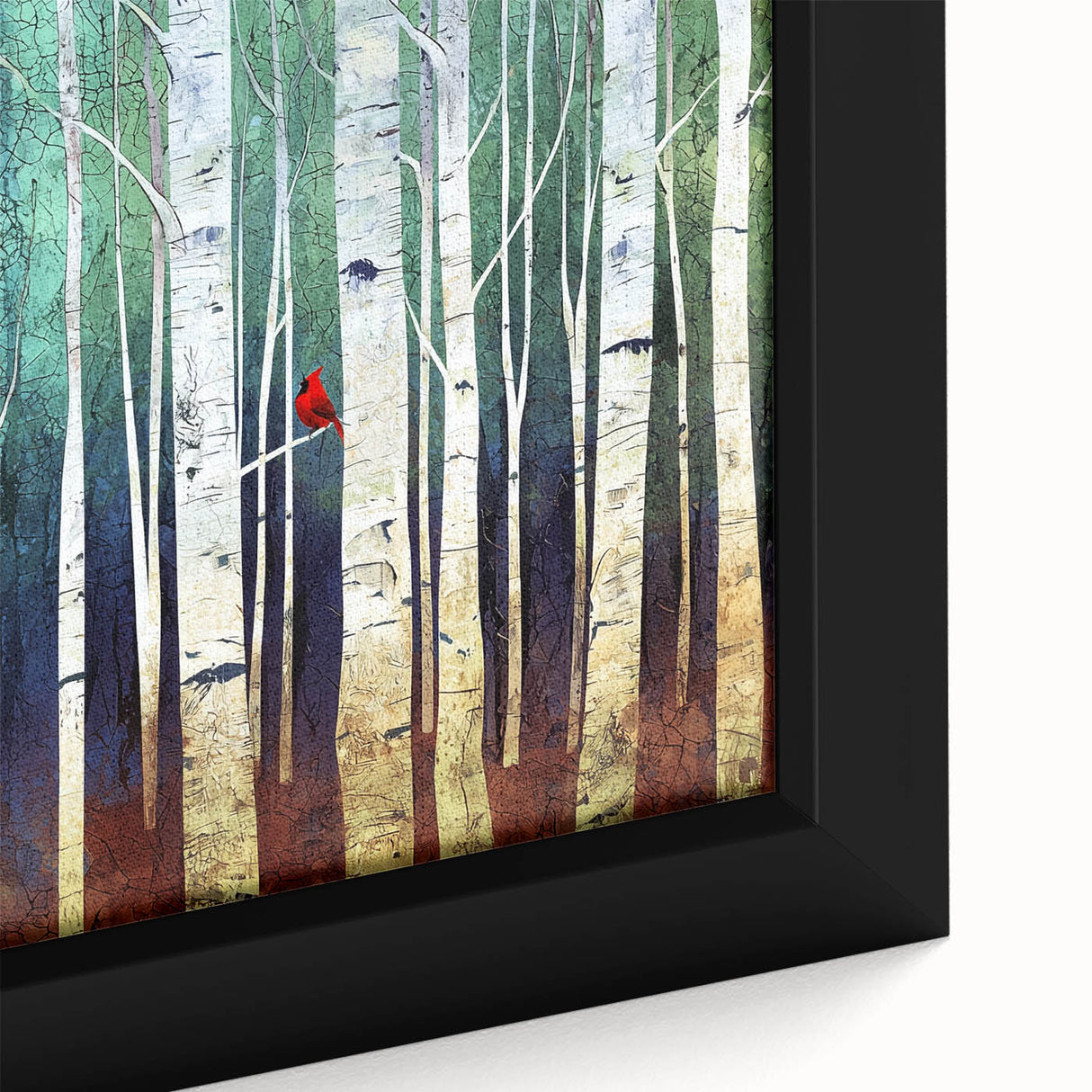 Close-up of a framed abstract landscape canvas artwork, showcasing vibrant hues of blue and green with textured detailing, perfect for modern home decor.