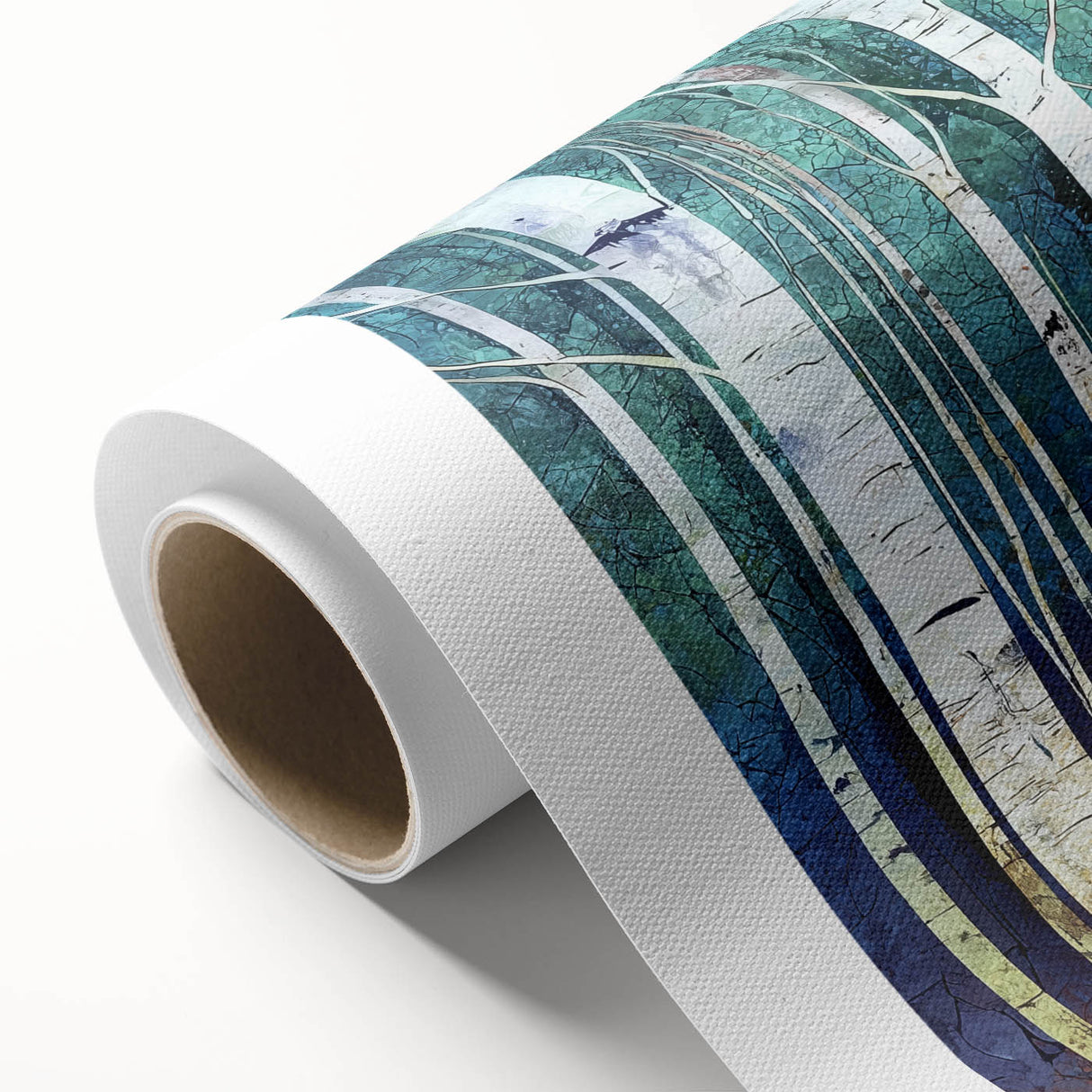 Abstract landscape rolled canvas artwork showcasing vibrant hues of blue, green, and orange, creating a serene nature scene, ideal for modern home decor.