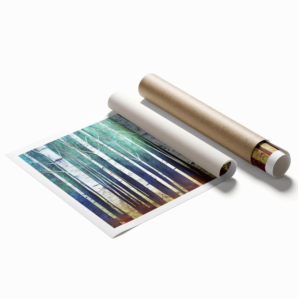 Abstract landscape rolled print showcasing vibrant colors and fluid shapes, perfect for modern decor. Packaged securely in a protective cardboard tube.