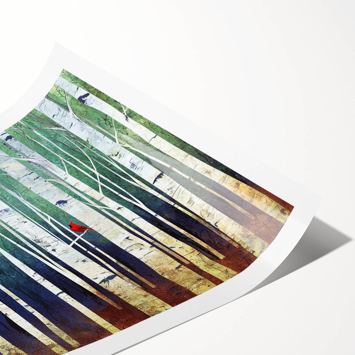 Abstract landscape rolled print showcasing vibrant hues of blue, green, and gold, ideal for modern home decor. Perfect for art enthusiasts seeking unique wall accents.