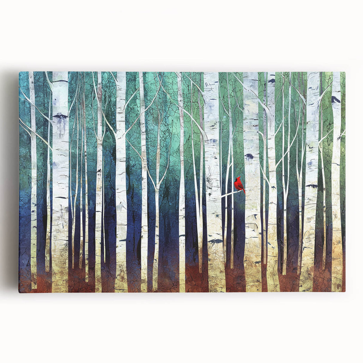 Abstract landscape stretched canvas artwork showcasing vibrant blue and green hues with dynamic swirling patterns, ideal for modern home decor and art enthusiasts.