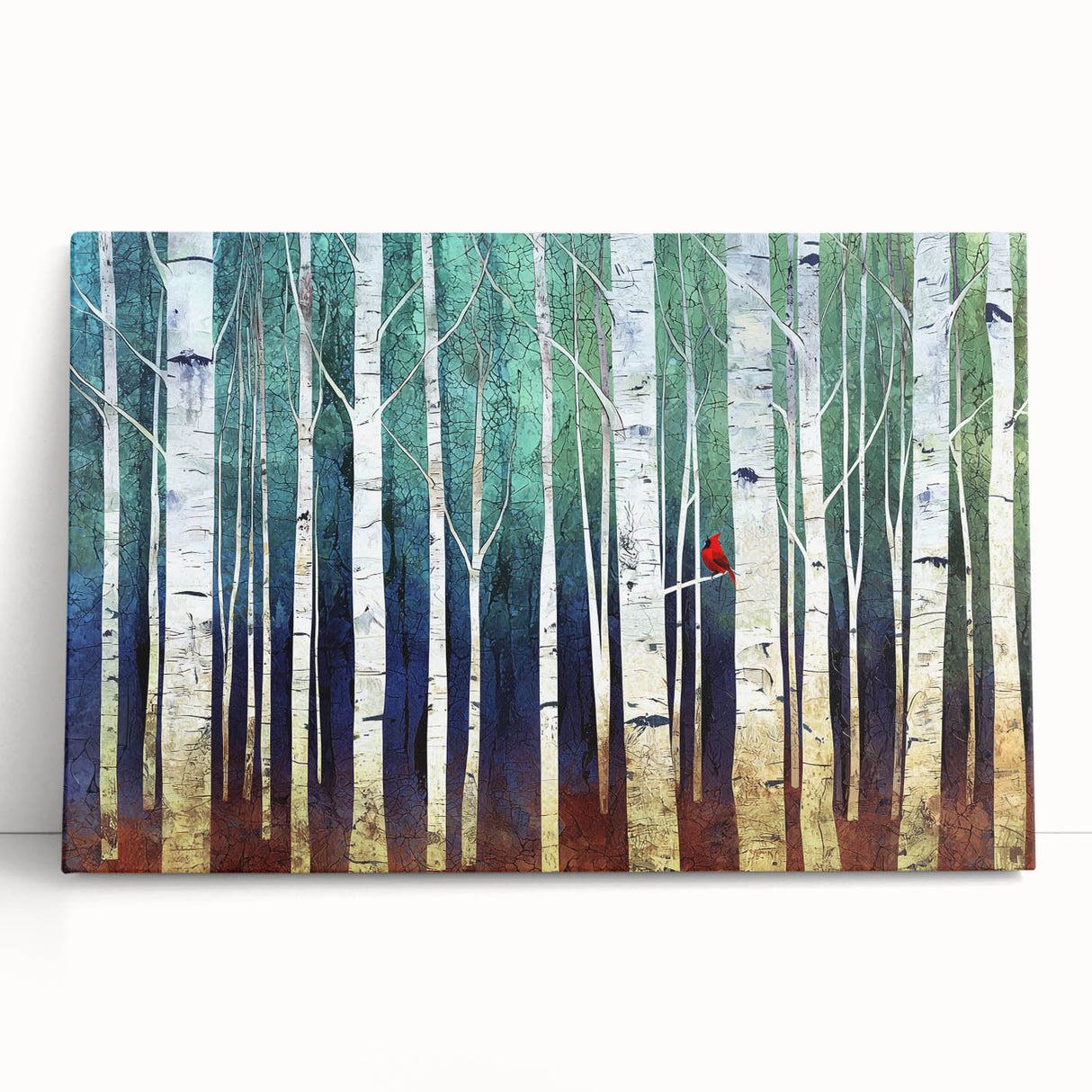 Abstract landscape canvas art showcasing vibrant hues of blue, green, and gold, elegantly leaning against a neutral wall. Ideal for modern home decor and artistic interiors.