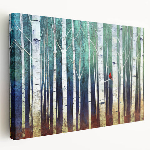 Abstract landscape stretched canvas artwork showcasing vibrant colors and dynamic shapes, viewed from the side to highlight its textured surface and depth. Perfect for modern home decor, this piece adds a unique artistic touch to any living space.