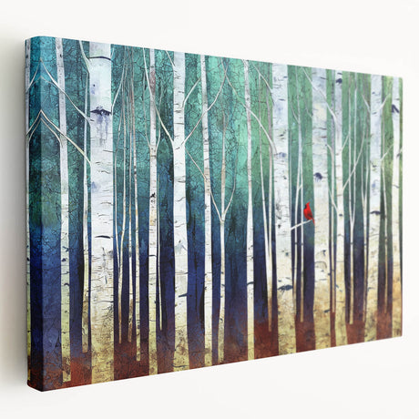 Abstract landscape stretched canvas artwork showcasing vibrant colors and dynamic shapes, viewed from the side to highlight its textured surface and depth. Perfect for modern home decor, this piece adds a unique artistic touch to any living space.