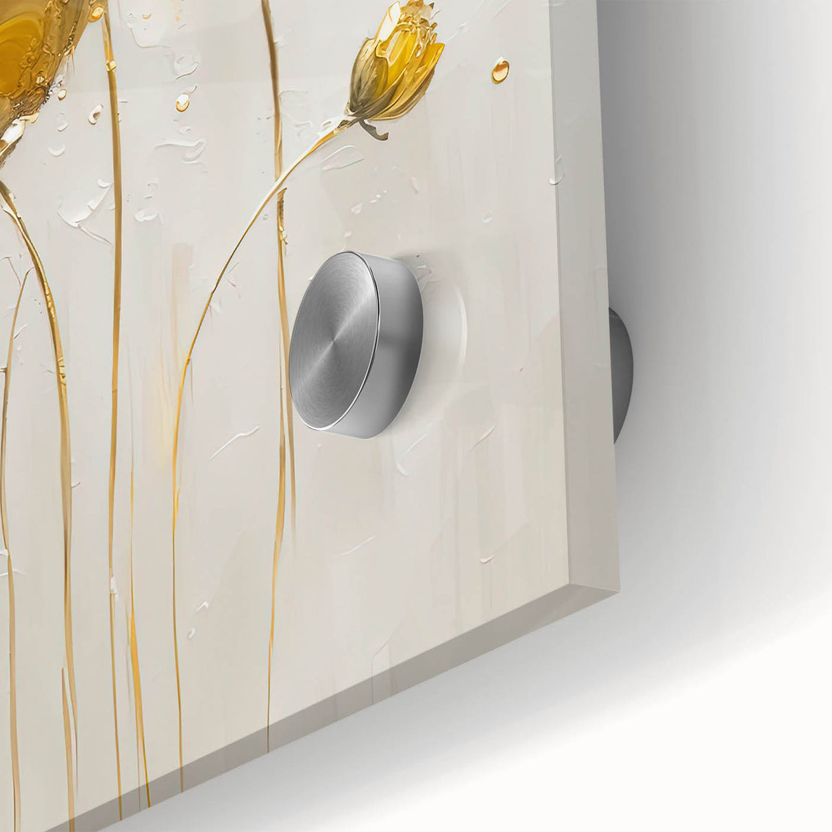 Close-up view of an abstract floral design in vibrant colors on acrylic glass, showcasing intricate details and a glossy finish, perfect for modern decor.