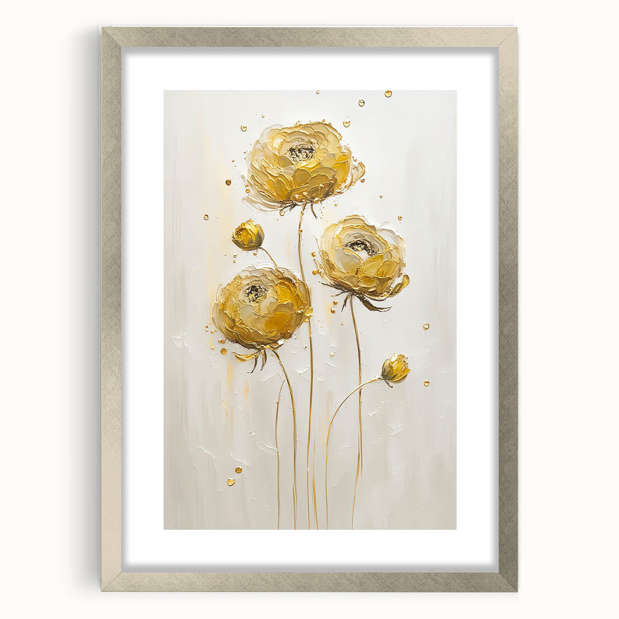 Abstract floral print framed in silver with a mat, showcasing vibrant colors and intricate designs, perfect for modern home decor. Ideal for enhancing living spaces or as a thoughtful gift.