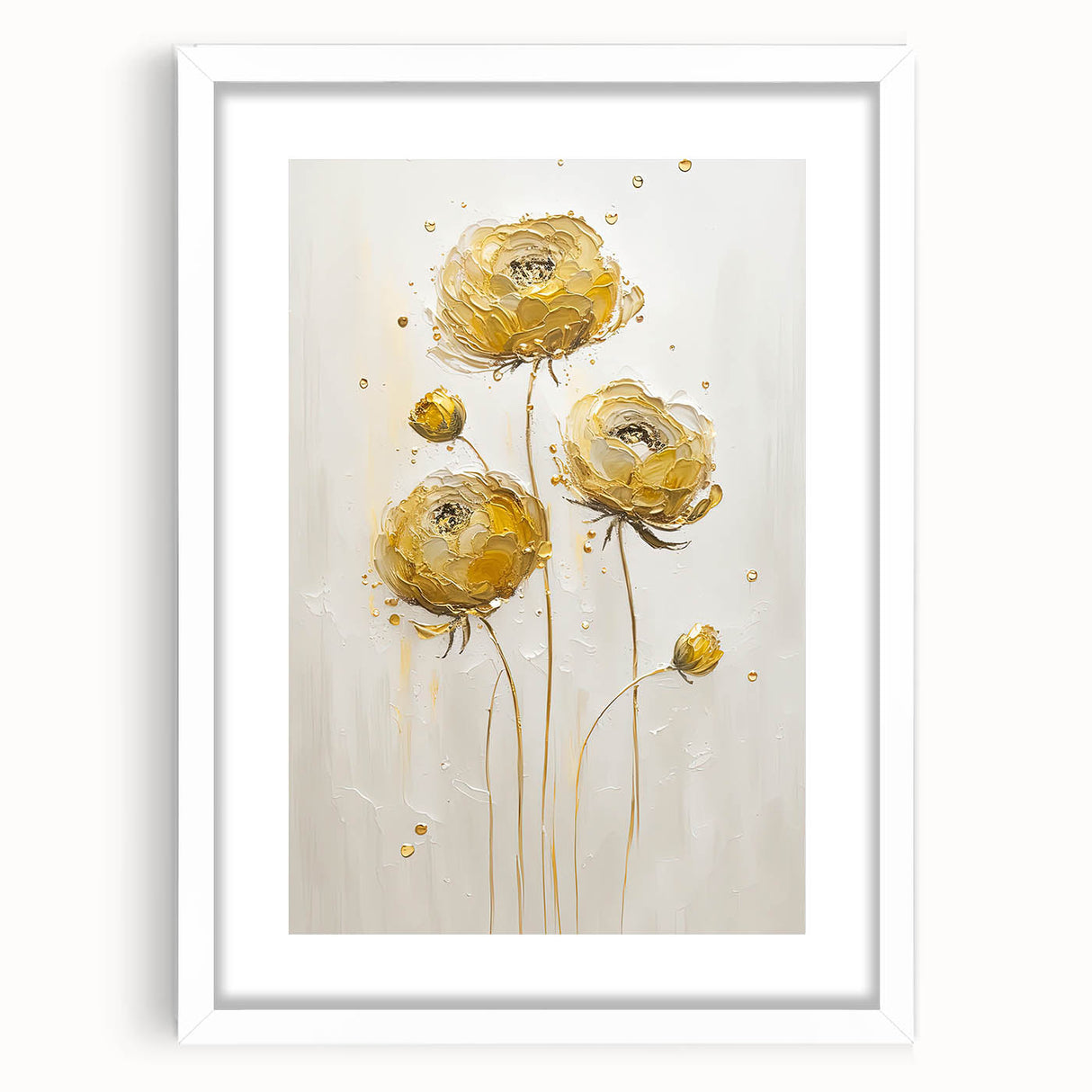 Abstract floral design framed in white with a mat, showcasing vibrant colors and intricate patterns, perfect for modern home decor and artistic displays.