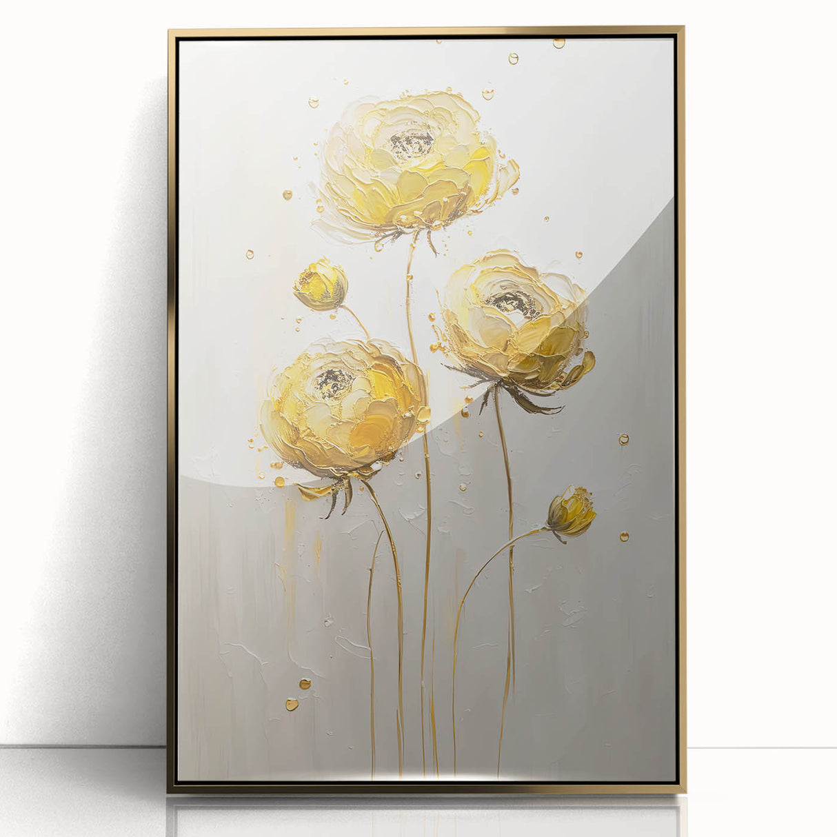 Framed acrylic artwork showcasing vibrant abstract floral designs in gold and pastel colors, perfect for modern home decor. Ideal for living rooms or offices.