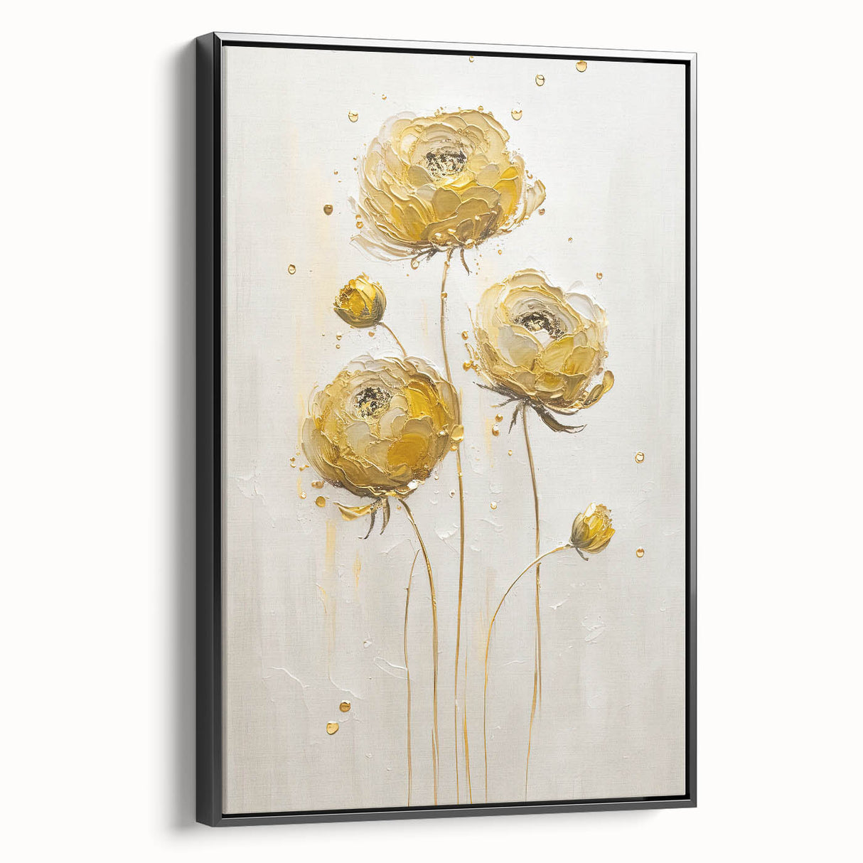Framed canvas artwork showcasing an abstract floral design in vibrant colors, presented in a sleek black frame, ideal for modern home decor.