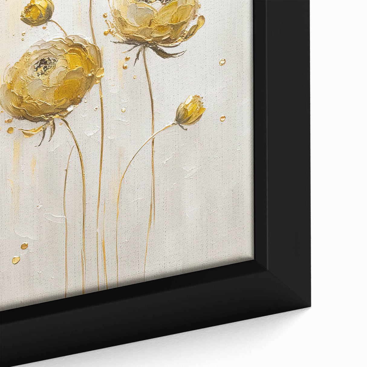 Close-up of an abstract floral framed canvas artwork, showcasing vibrant colors and intricate details of blooming flowers against a textured background, perfect for home decor.