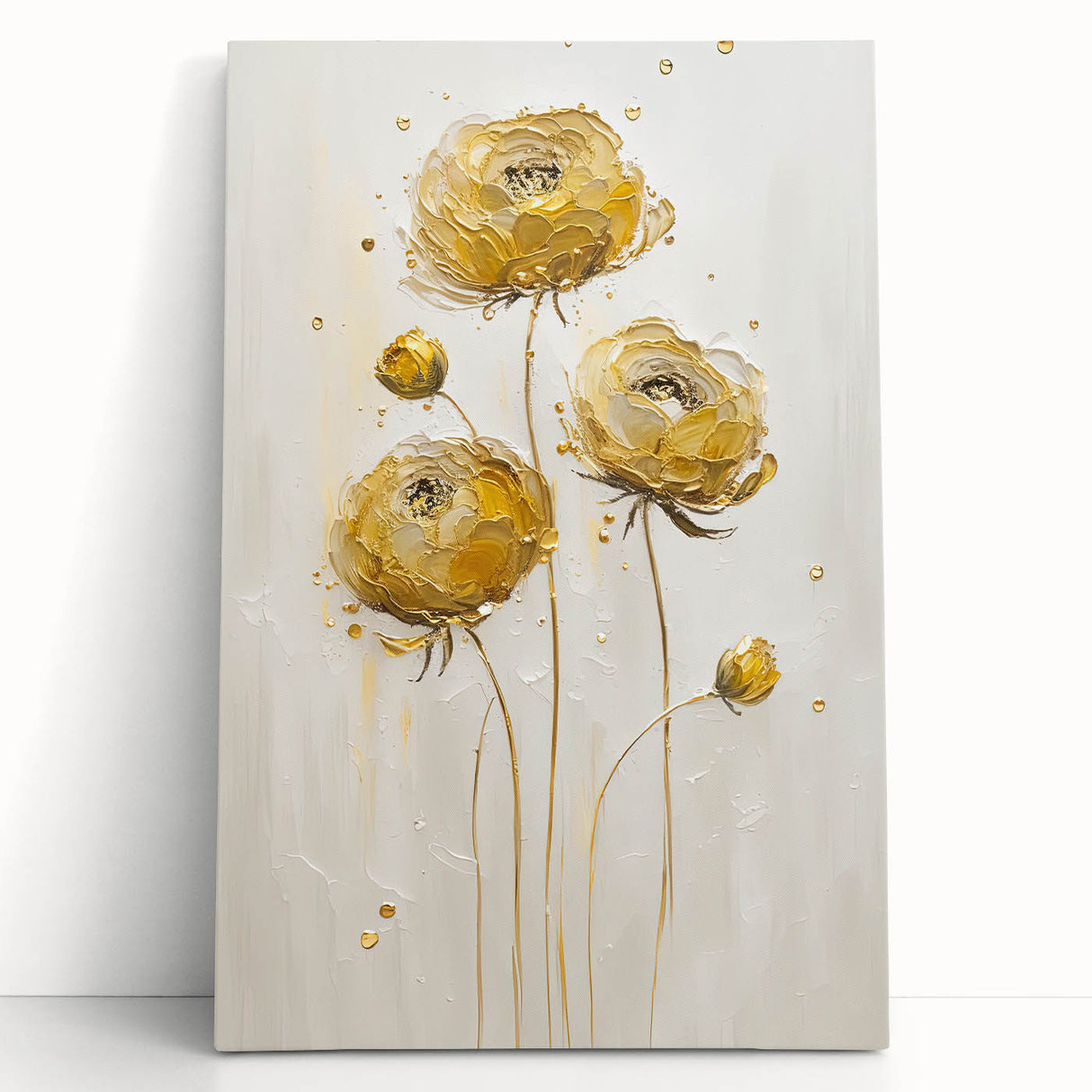 Abstract floral canvas artwork featuring vibrant colors of pink, purple, and green, elegantly leaning against a white wall, perfect for modern home decor accents.