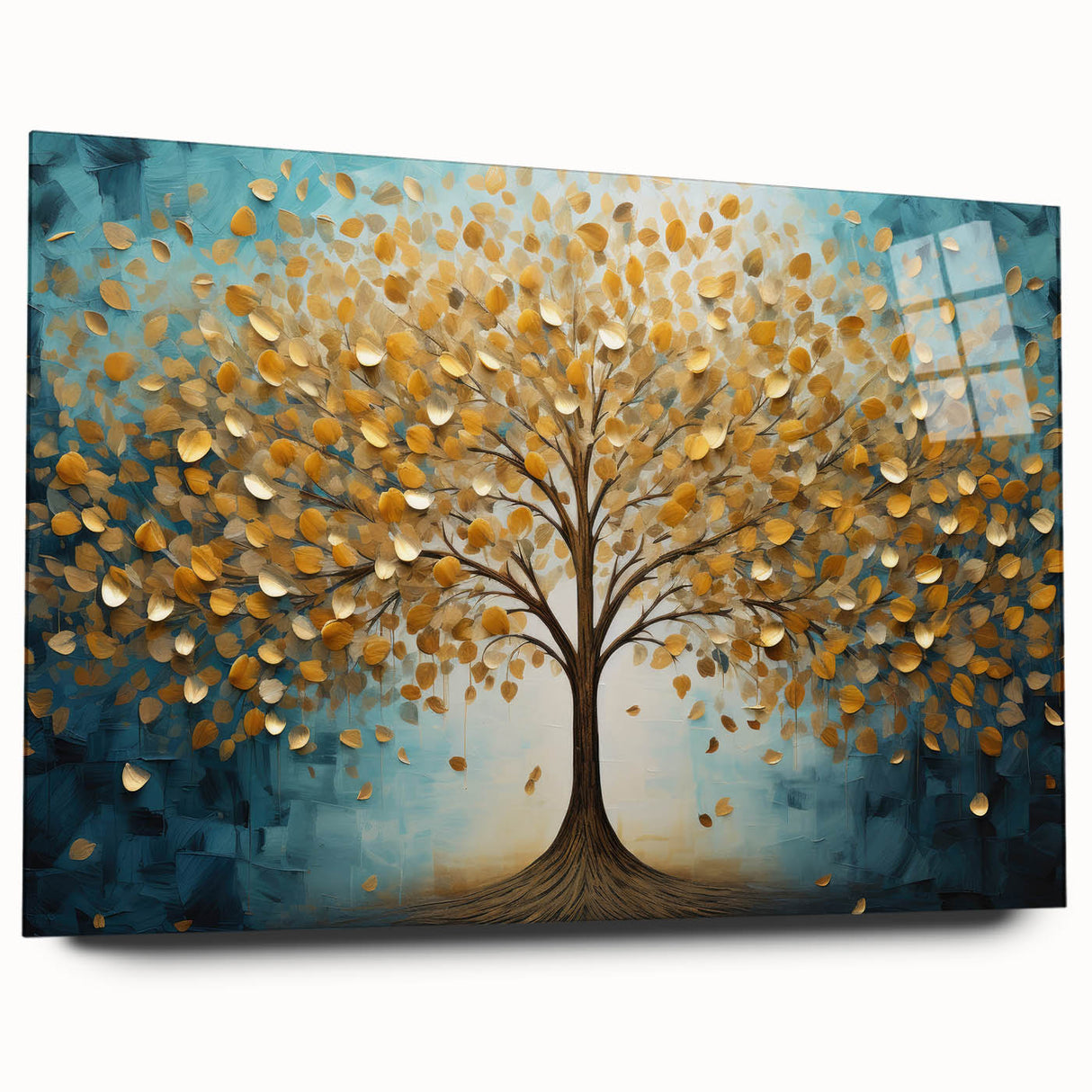 Vibrant abstract floral artwork on acrylic glass, showcasing bold colors and intricate designs, ideal for modern home decor or office spaces. Side view highlights its sleek finish and frameless presentation, perfect for adding a touch of elegance.