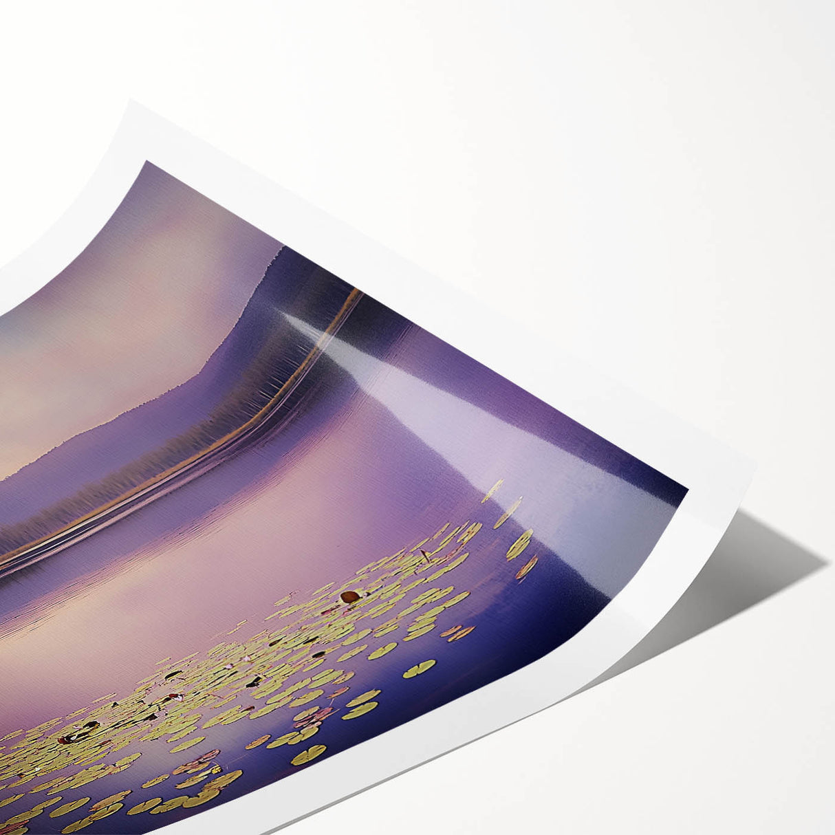 Abstract landscape art print featuring vibrant hues of blue and orange, showcasing a serene mountainous scene, rolled and ready for framing or display.