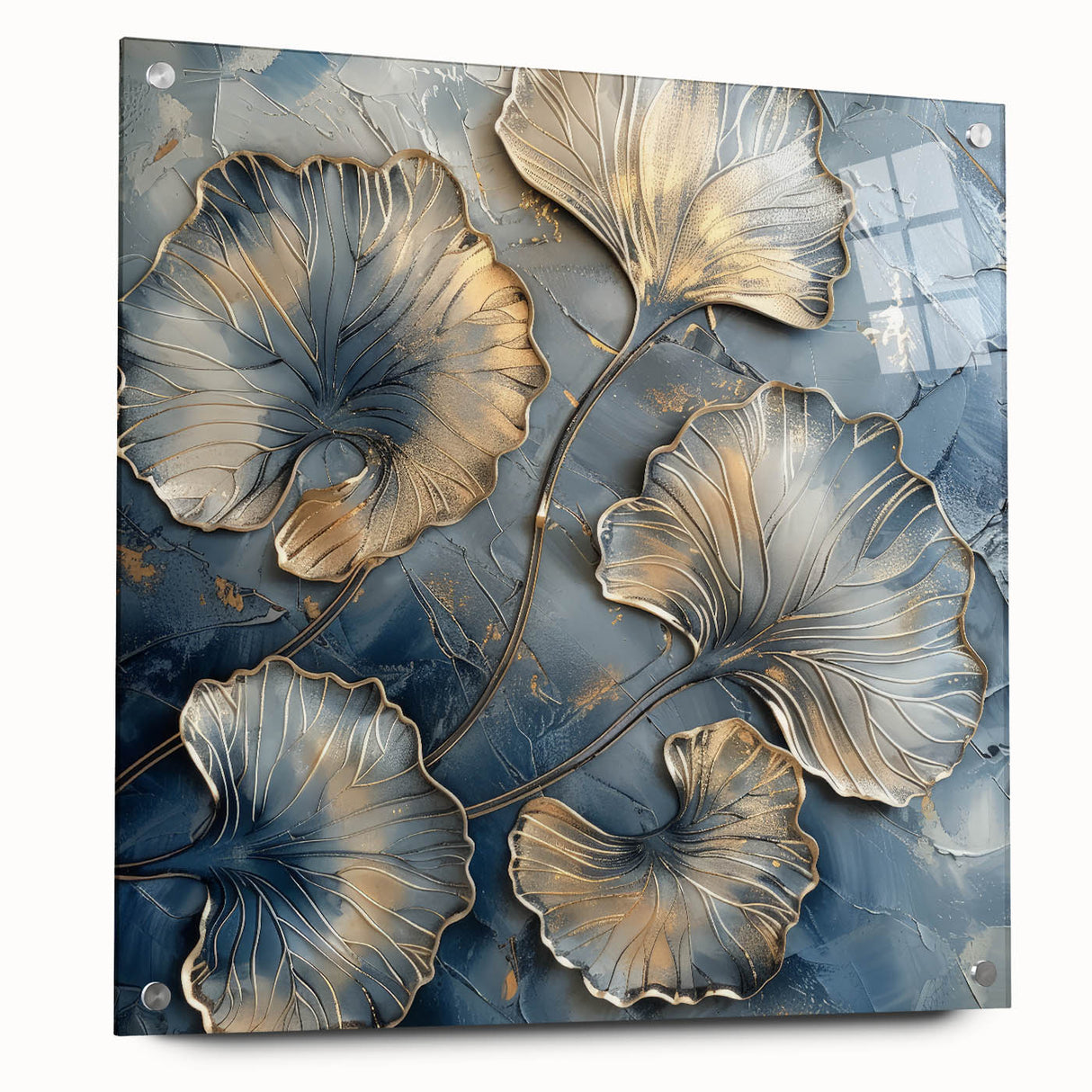 Abstract floral acrylic artwork displayed in a glass frame, showcasing vibrant colors and intricate designs, secured with stylish pins for a modern touch.