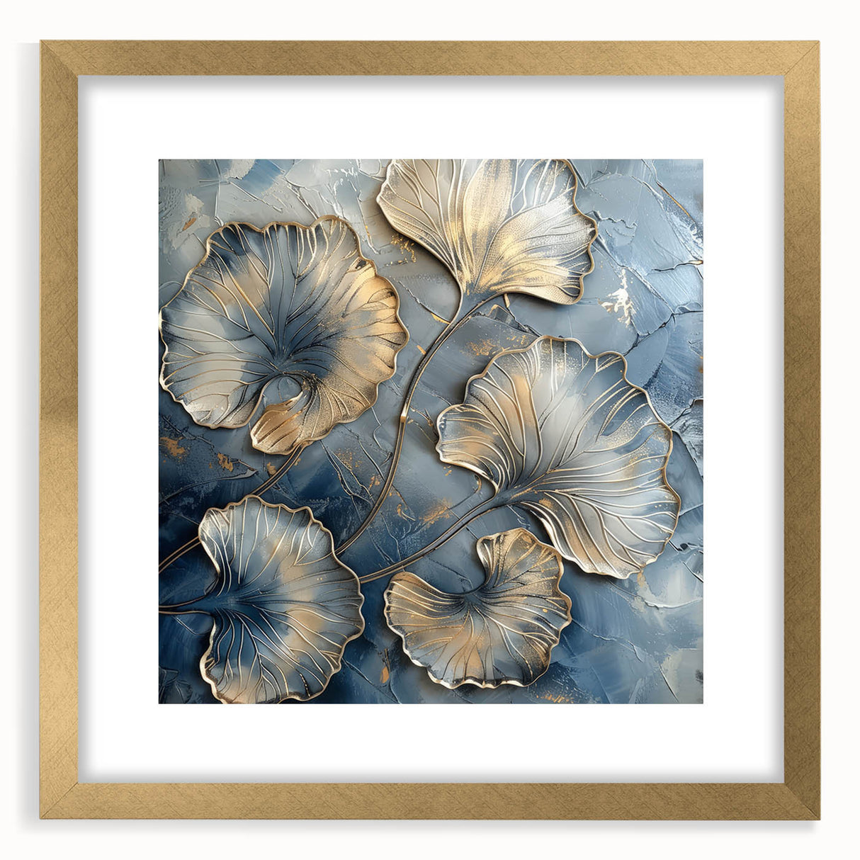 Elegant abstract floral frame with a gold mat, showcasing intricate designs and vibrant colors, perfect for enhancing home decor and adding a touch of sophistication.