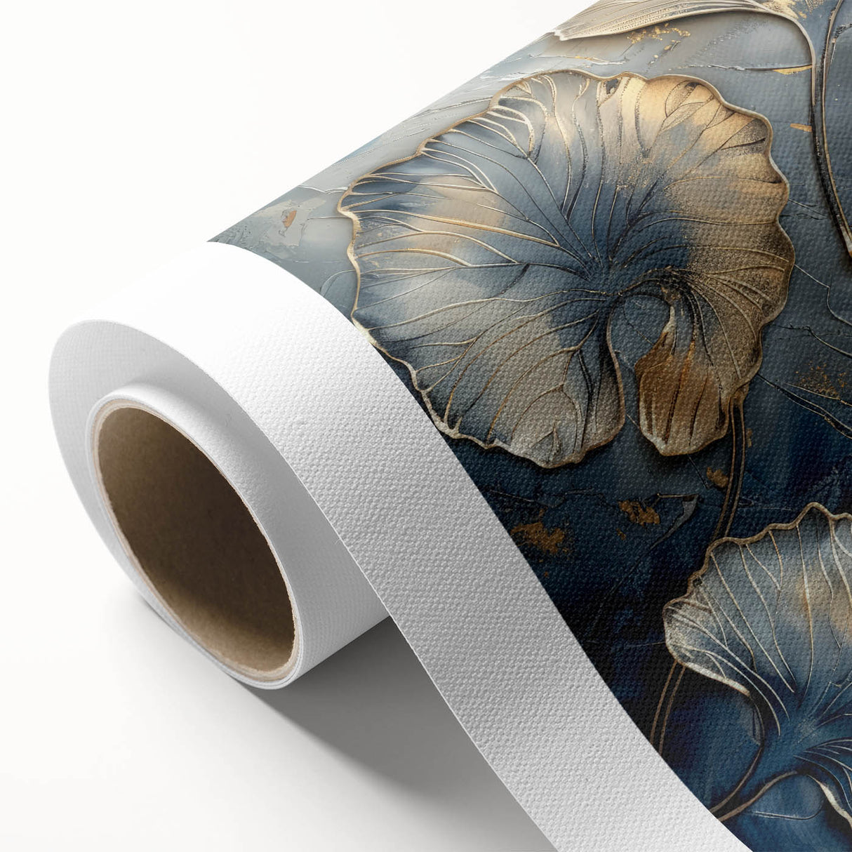 Abstract floral design on rolled canvas showcasing vibrant colors and intricate patterns, ideal for home decor. Packaged in a protective cardboard tube for safe delivery.