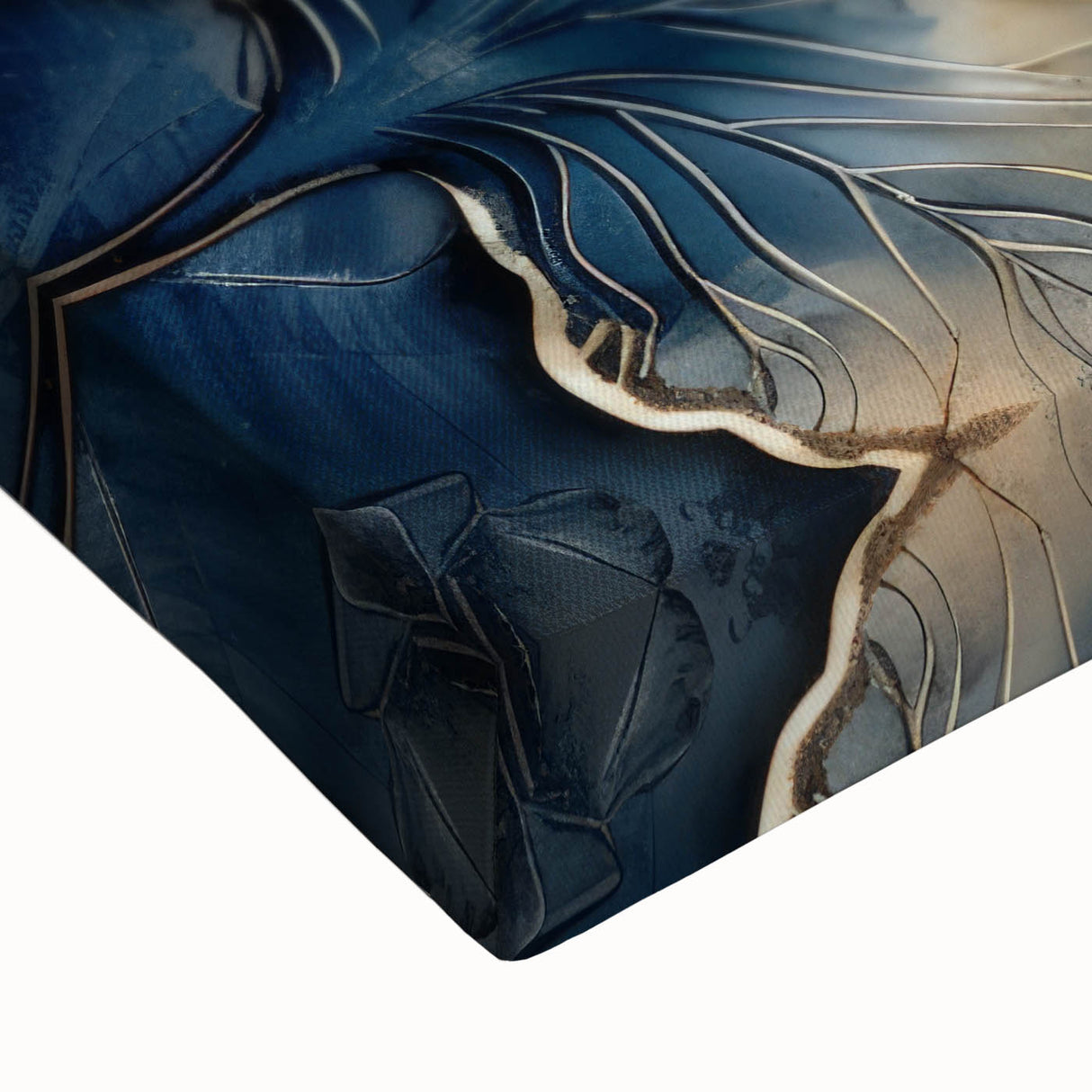 Close-up of a vibrant abstract floral stretched canvas artwork, showcasing intricate brush strokes and a rich color palette of blues, pinks, and yellows, perfect for modern home decor.