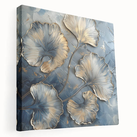 Elegant abstract floral design on stretched canvas, showcasing vibrant colors and intricate patterns, ideal for home decor. Side view highlights its texture and quality.
