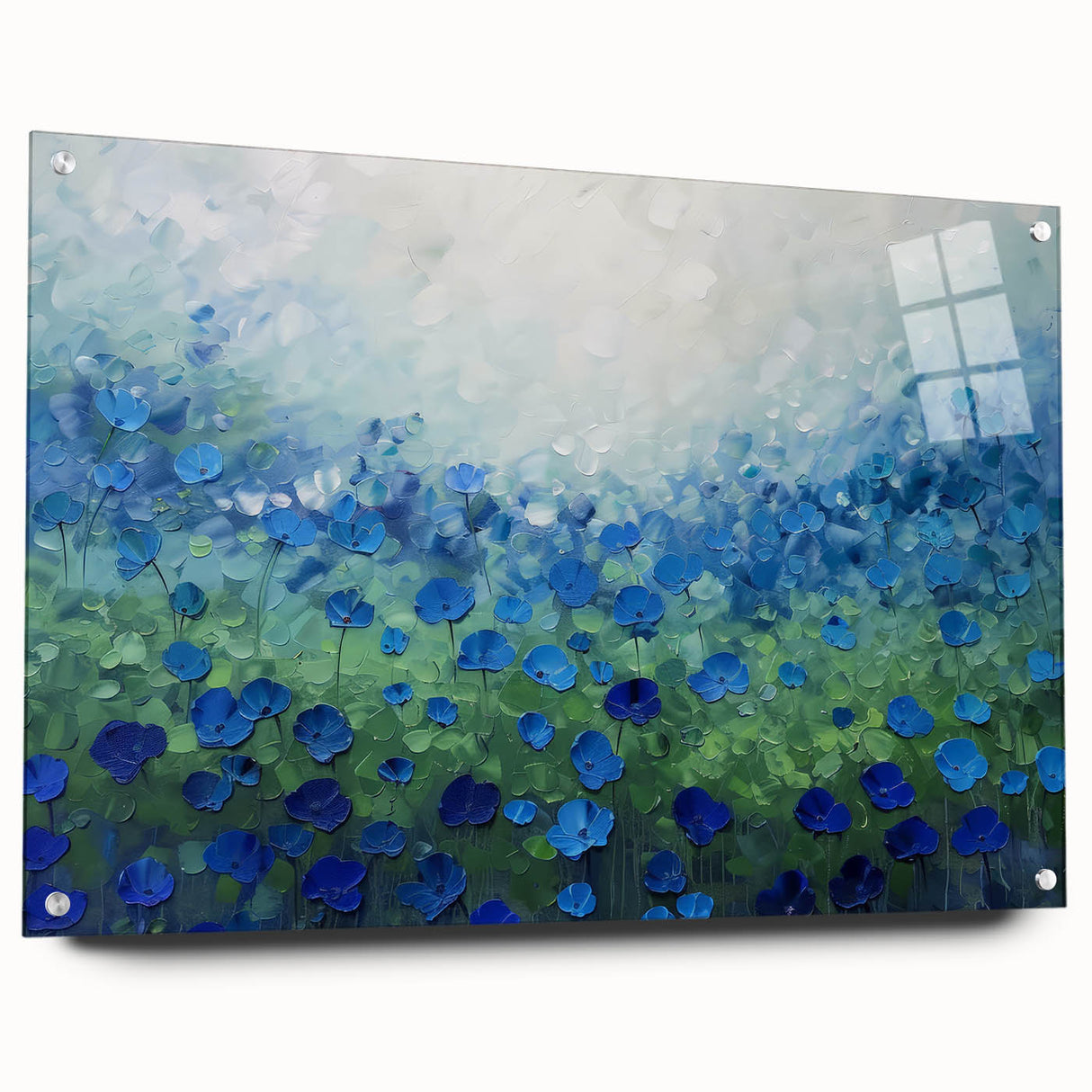 Abstract floral acrylic glass artwork in vibrant colors, displayed side view with visible pins, showcasing intricate designs and textures perfect for modern decor.