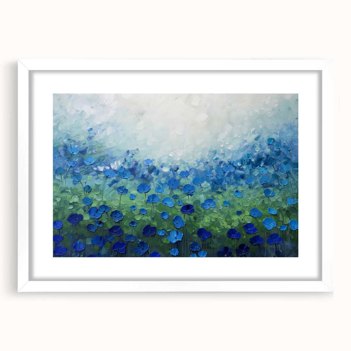 Abstract floral art print featuring vibrant colors and intricate designs, elegantly framed with a white mat, perfect for home decor enhancement.