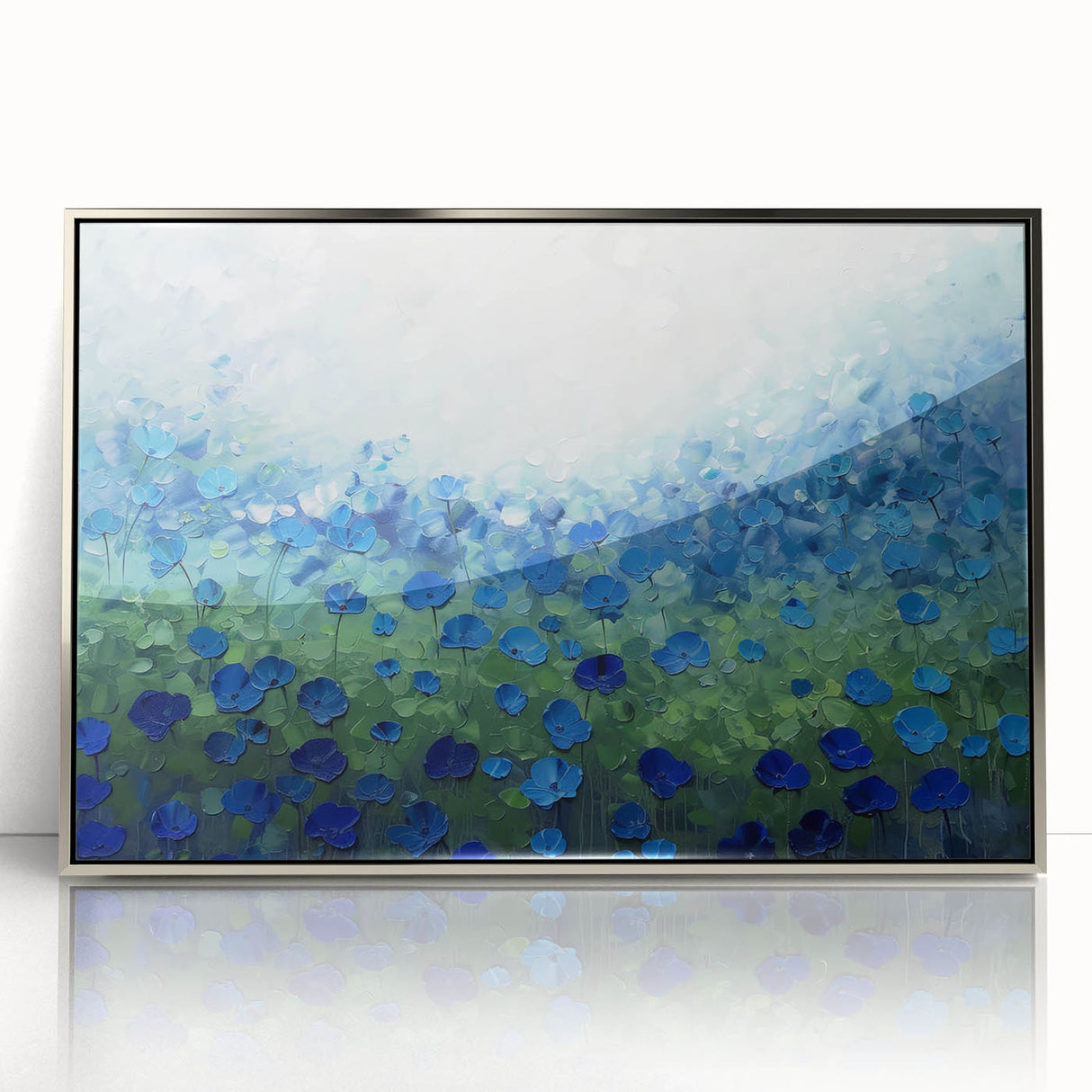 Framed abstract floral artwork in silver acrylic, showcasing vibrant colors and intricate patterns, perfect for modern home decor and enhancing living spaces. This piece adds elegance and style to any room, making it an ideal choice for art enthusiasts.